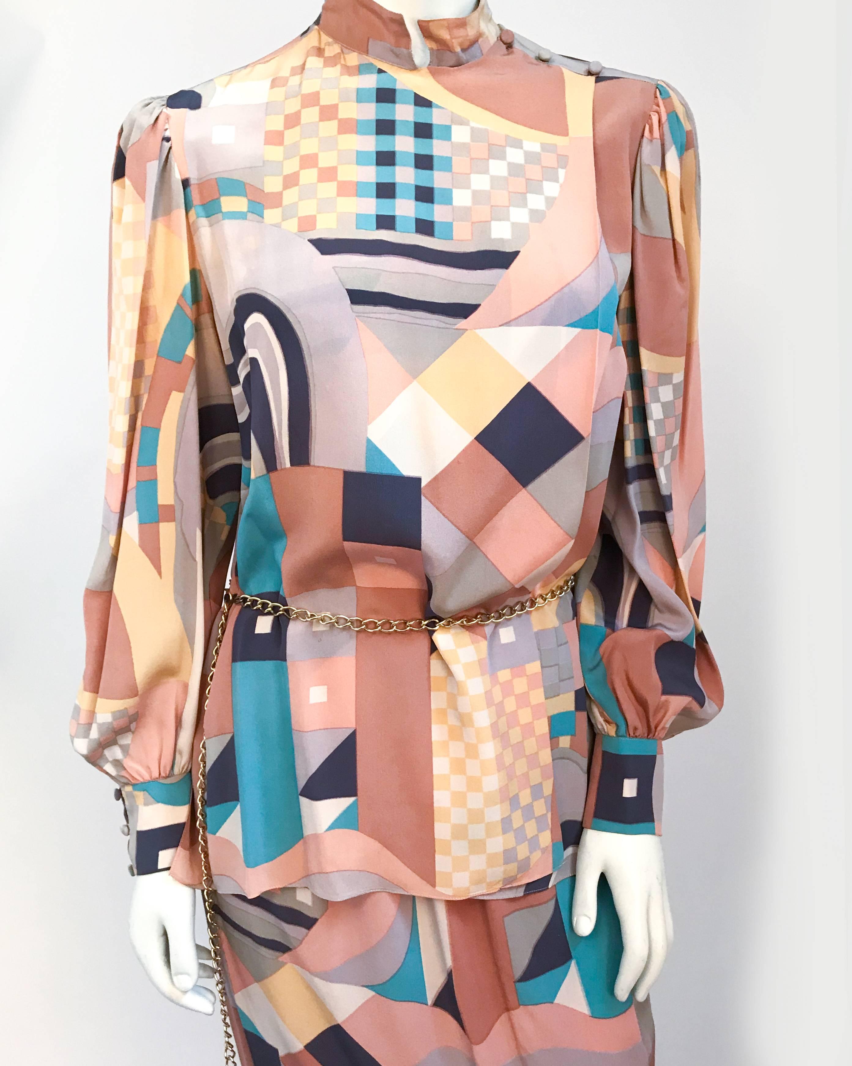 1980s Mary McFadden Orange Geometric Abstract Print Skirt & Top Set In Good Condition In San Francisco, CA