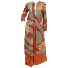 Vintage 1980s Mary McFadden Pink Silk Floral Quilted Coat and Maxi Skirt