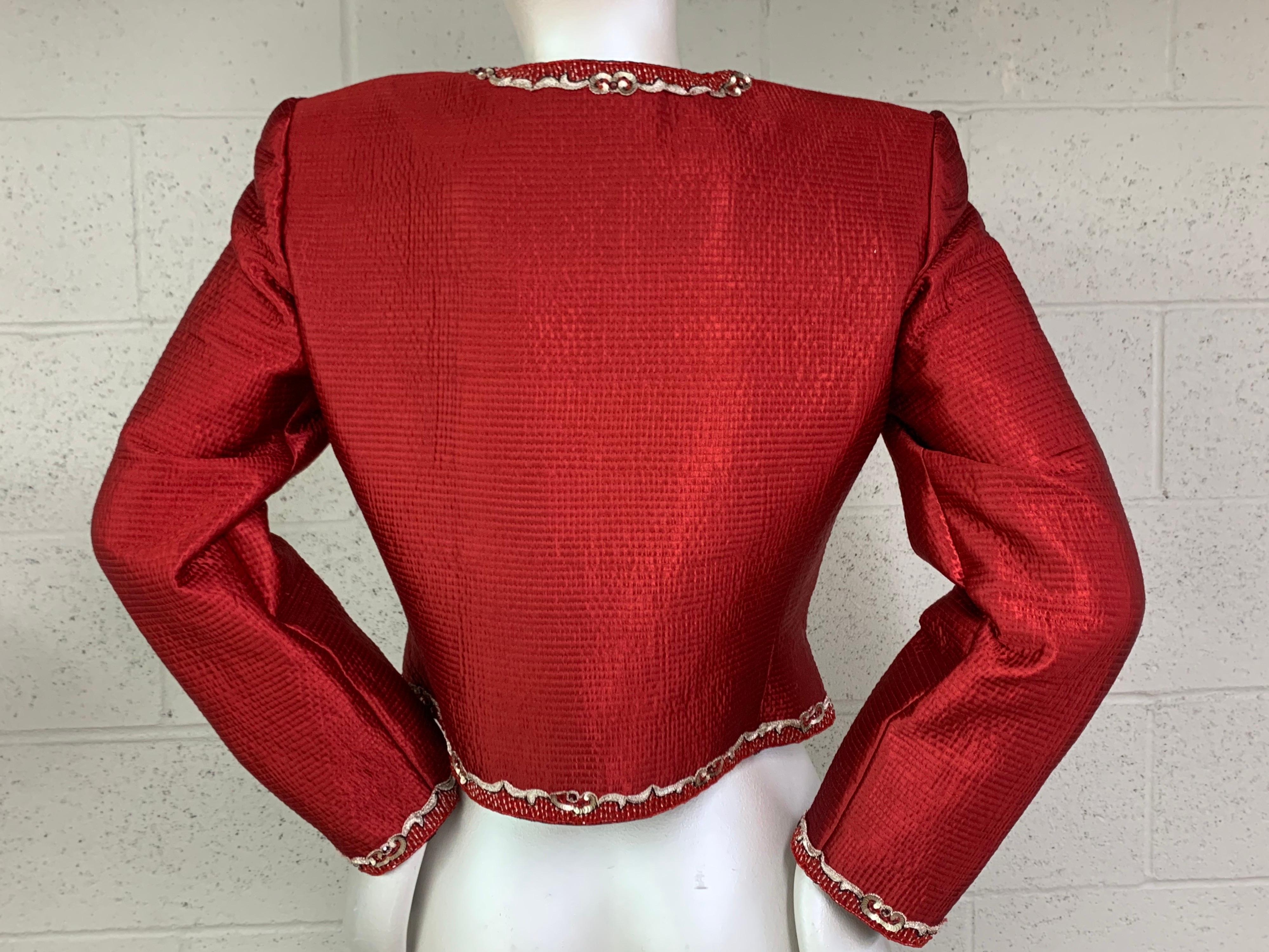Women's 1980s Mary McFadden Red Textured Silk Zip-Front Jacket w/ Embroidery Trim