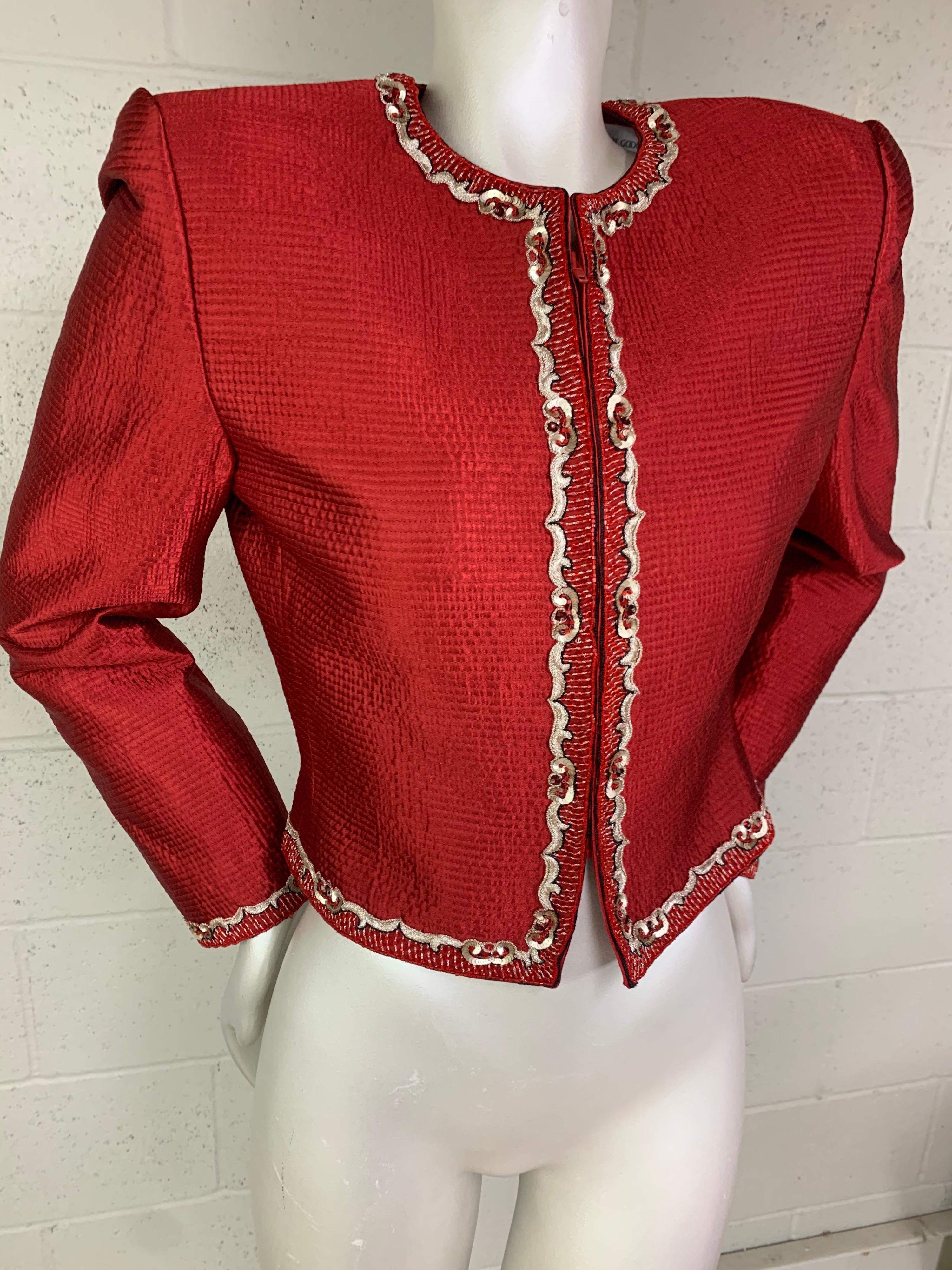 1980s Mary McFadden Red Textured Silk Zip-Front Jacket w/ Embroidery Trim 3
