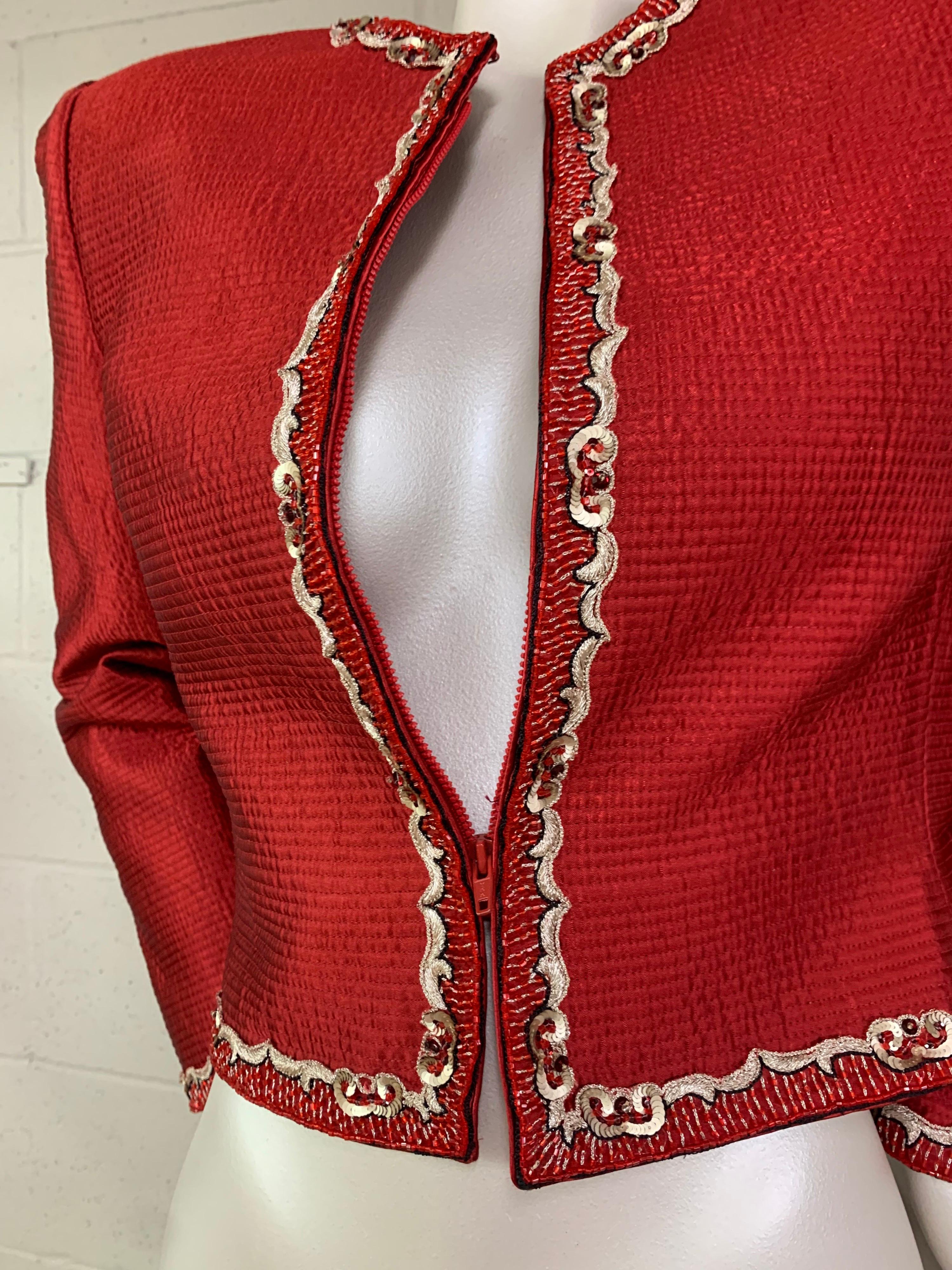1980s Mary McFadden Red Textured Silk Zip-Front Jacket w/ Embroidery Trim 4
