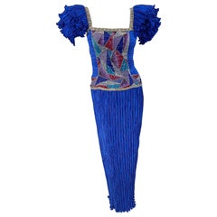 Años 80 Mary McFadden Azul Real Fortuny Plisado Talla 2 / 4 Vestido Vintage Mosaico