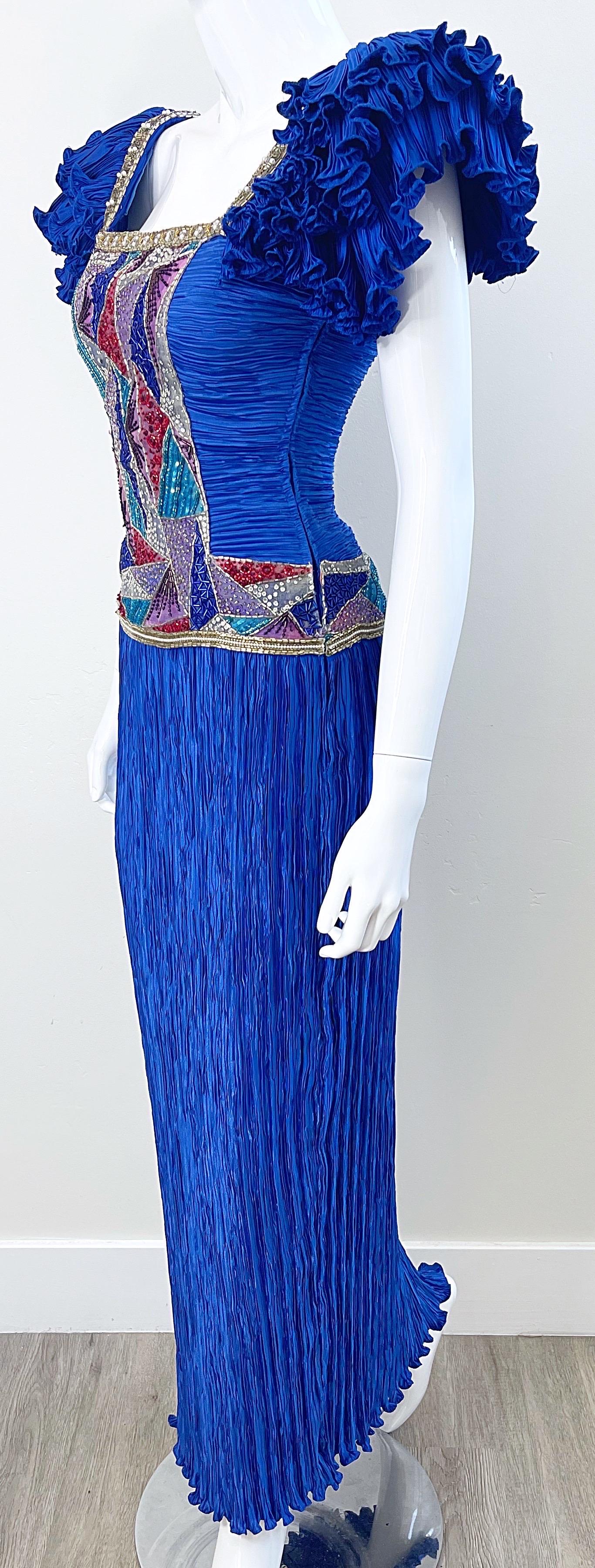 1980s Mary McFadden Royal Blue Fortuny Pleated Size 2 / 4 Mosaic Vintage Gown  For Sale 6