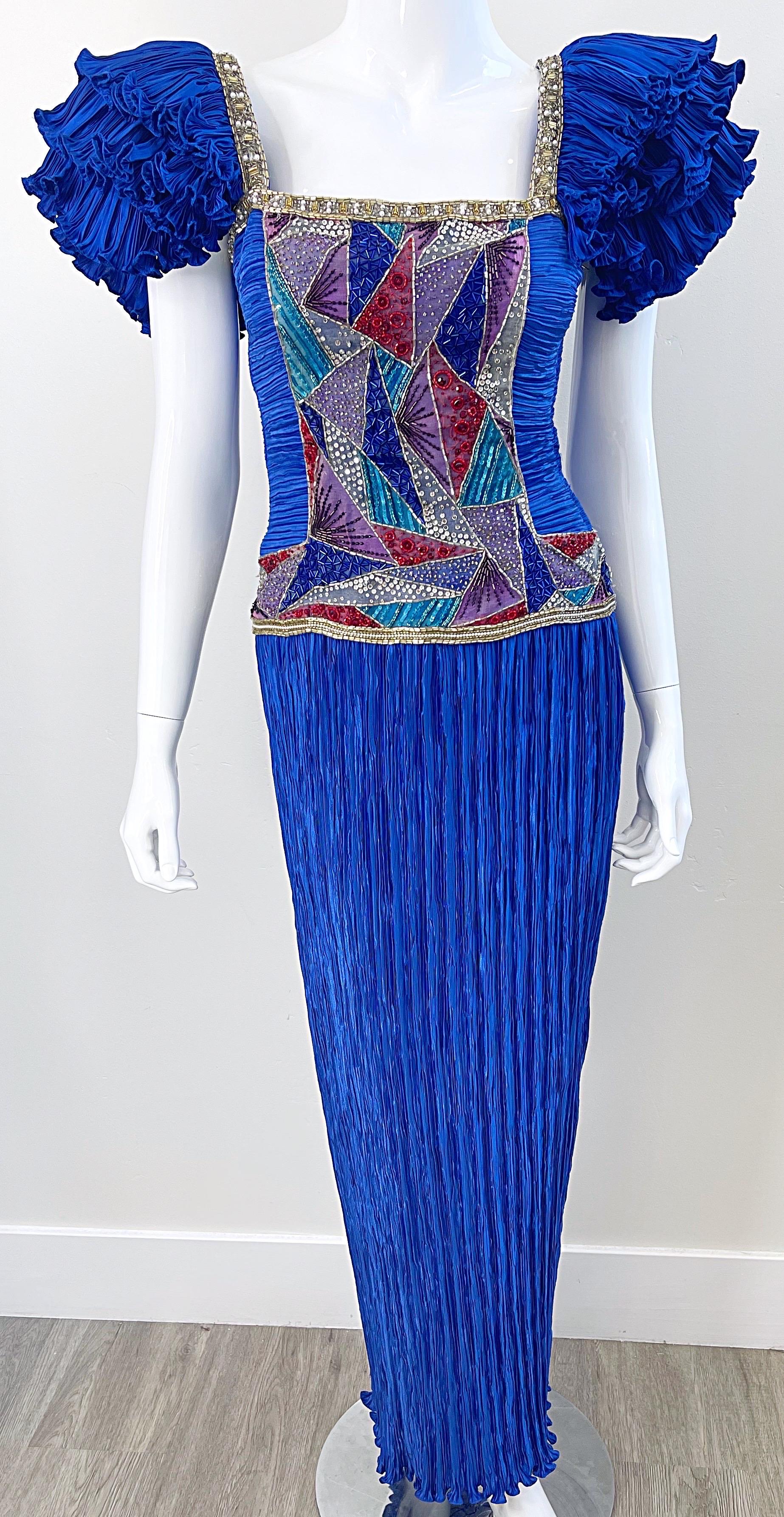 1980s Mary McFadden Royal Blue Fortuny Pleated Size 2 / 4 Mosaic Vintage Gown  For Sale 7