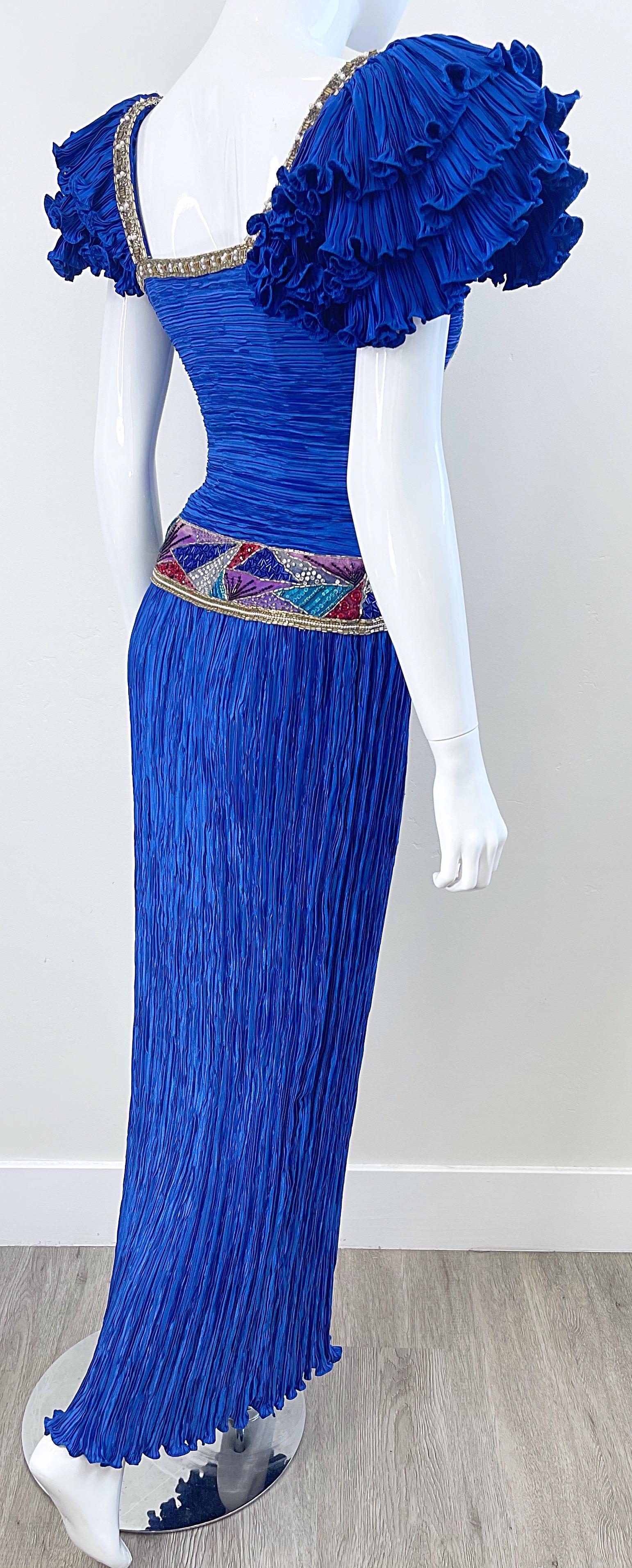 1980s Mary McFadden Royal Blue Fortuny Pleated Size 2 / 4 Mosaic Vintage Gown  For Sale 9