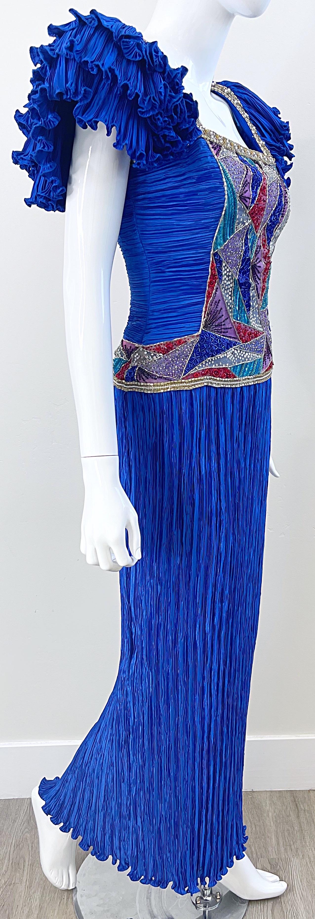 1980s Mary McFadden Royal Blue Fortuny Pleated Size 2 / 4 Mosaic Vintage Gown  For Sale 10