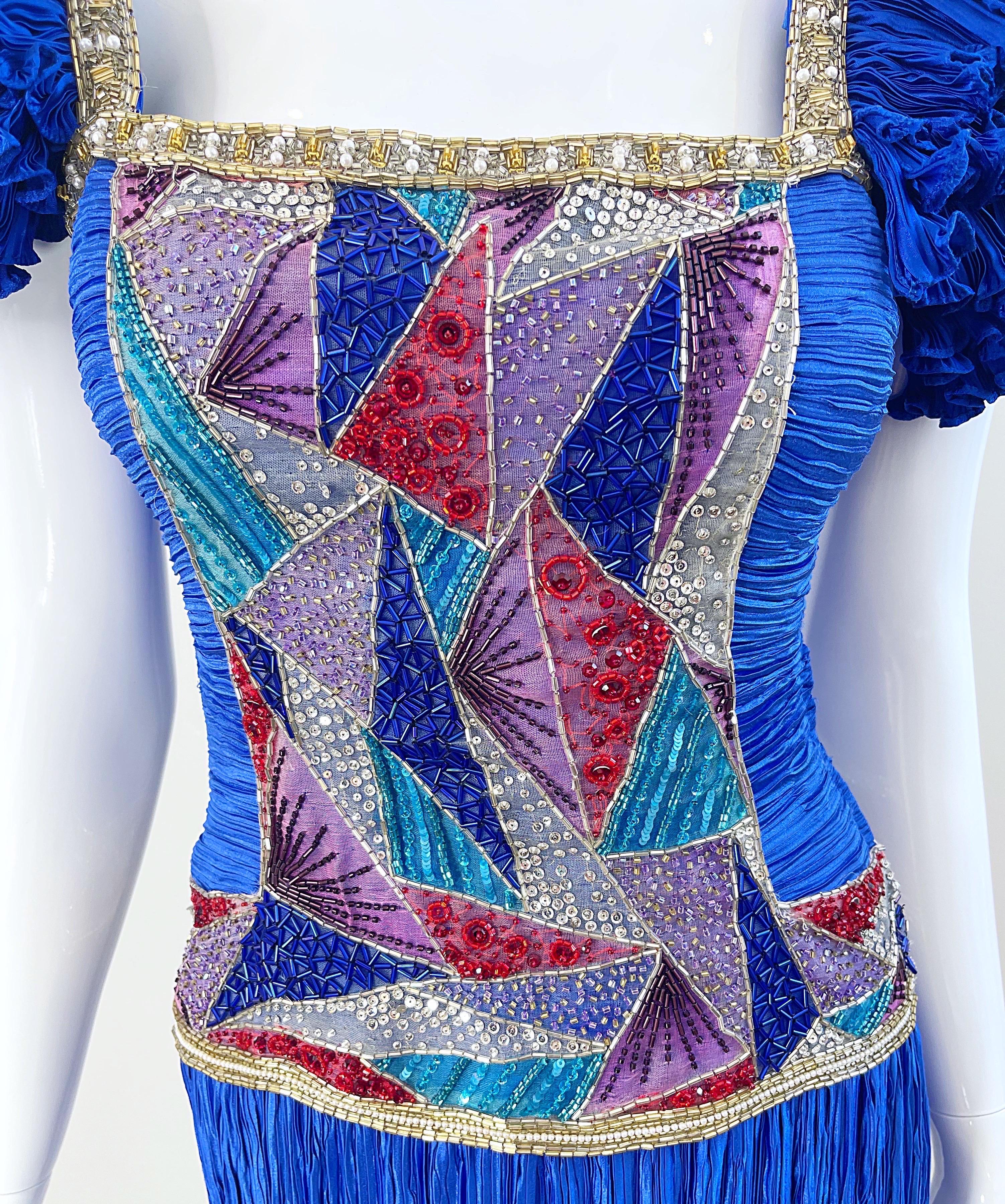 1980s Mary McFadden Royal Blue Fortuny Pleated Size 2 / 4 Mosaic Vintage Gown  For Sale 11