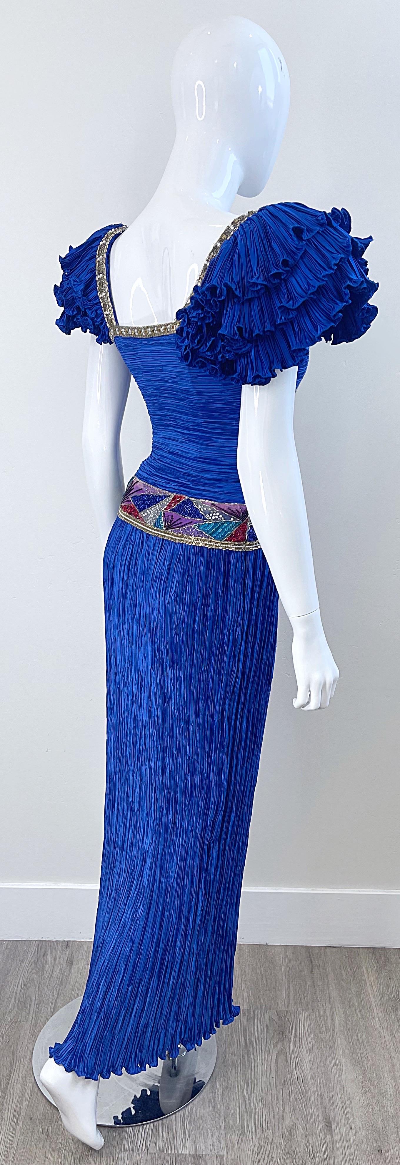 1980s Mary McFadden Royal Blue Fortuny Pleated Size 2 / 4 Mosaic Vintage Gown  For Sale 12