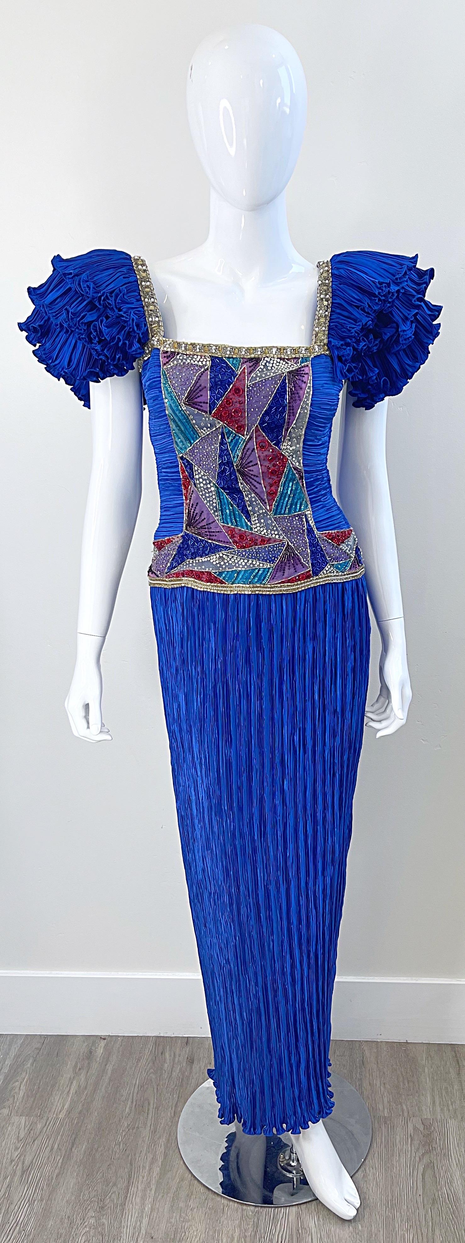 1980s Mary McFadden Royal Blue Fortuny Pleated Size 2 / 4 Mosaic Vintage Gown  For Sale 13