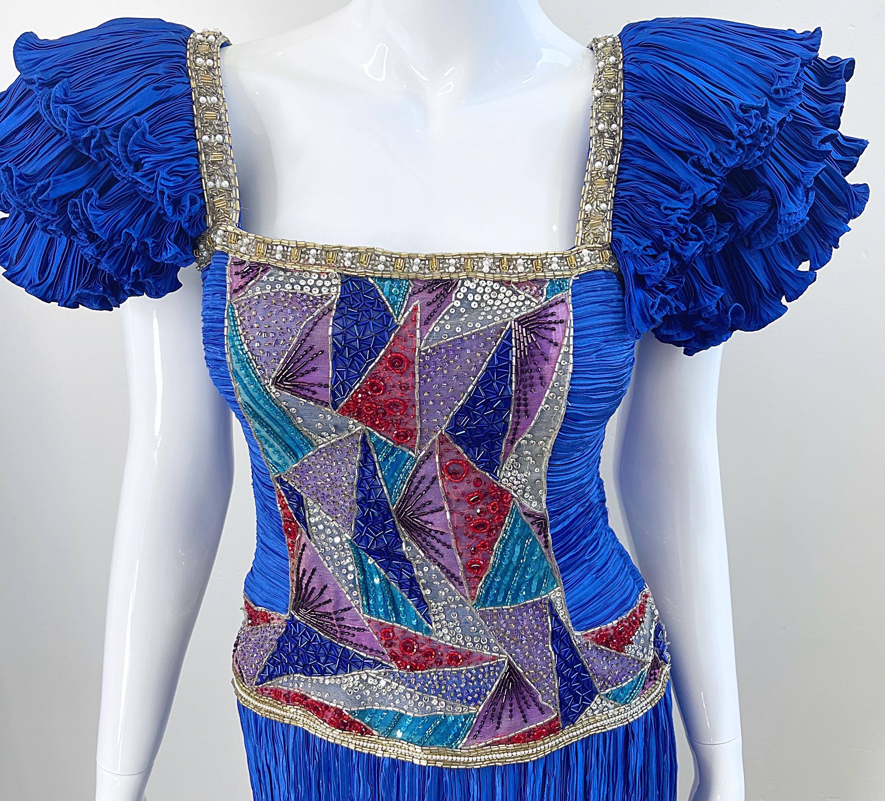 Women's 1980s Mary McFadden Royal Blue Fortuny Pleated Size 2 / 4 Mosaic Vintage Gown  For Sale