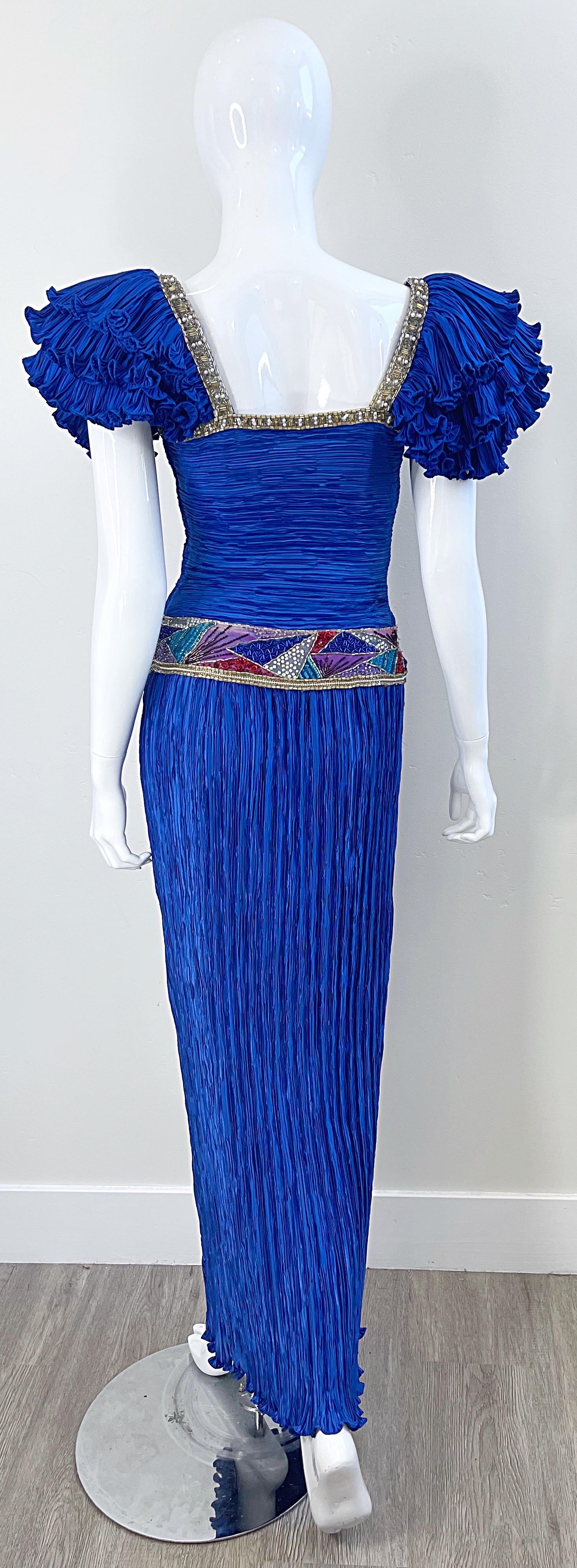 1980s Mary McFadden Royal Blue Fortuny Pleated Size 2 / 4 Mosaic Vintage Gown  For Sale 1
