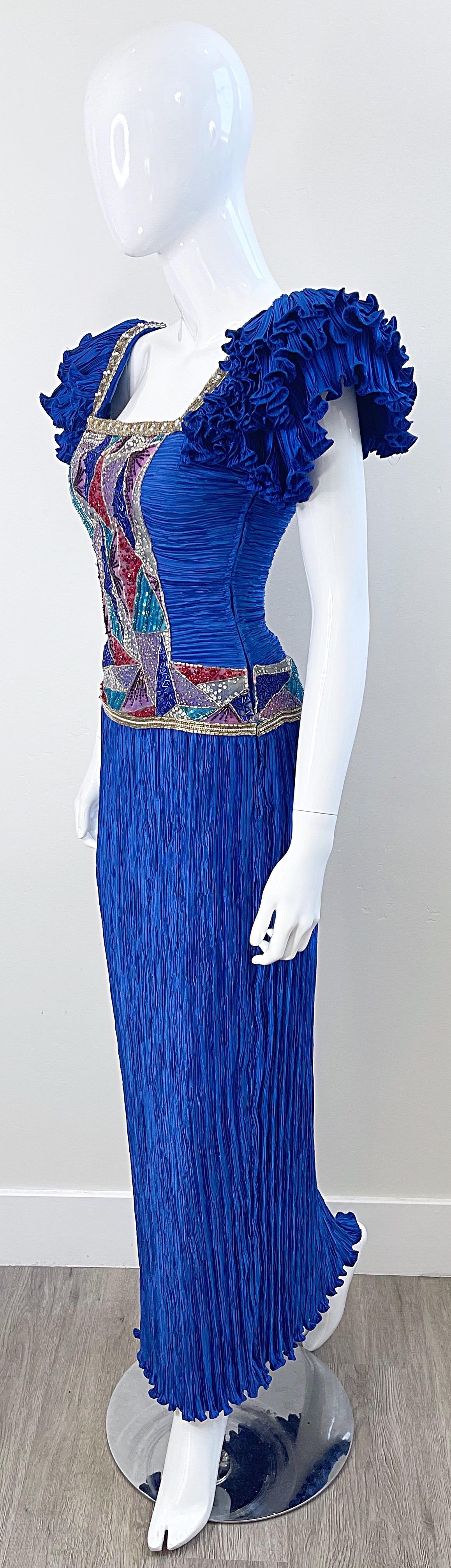 1980s Mary McFadden Royal Blue Fortuny Pleated Size 2 / 4 Mosaic Vintage Gown  For Sale 2