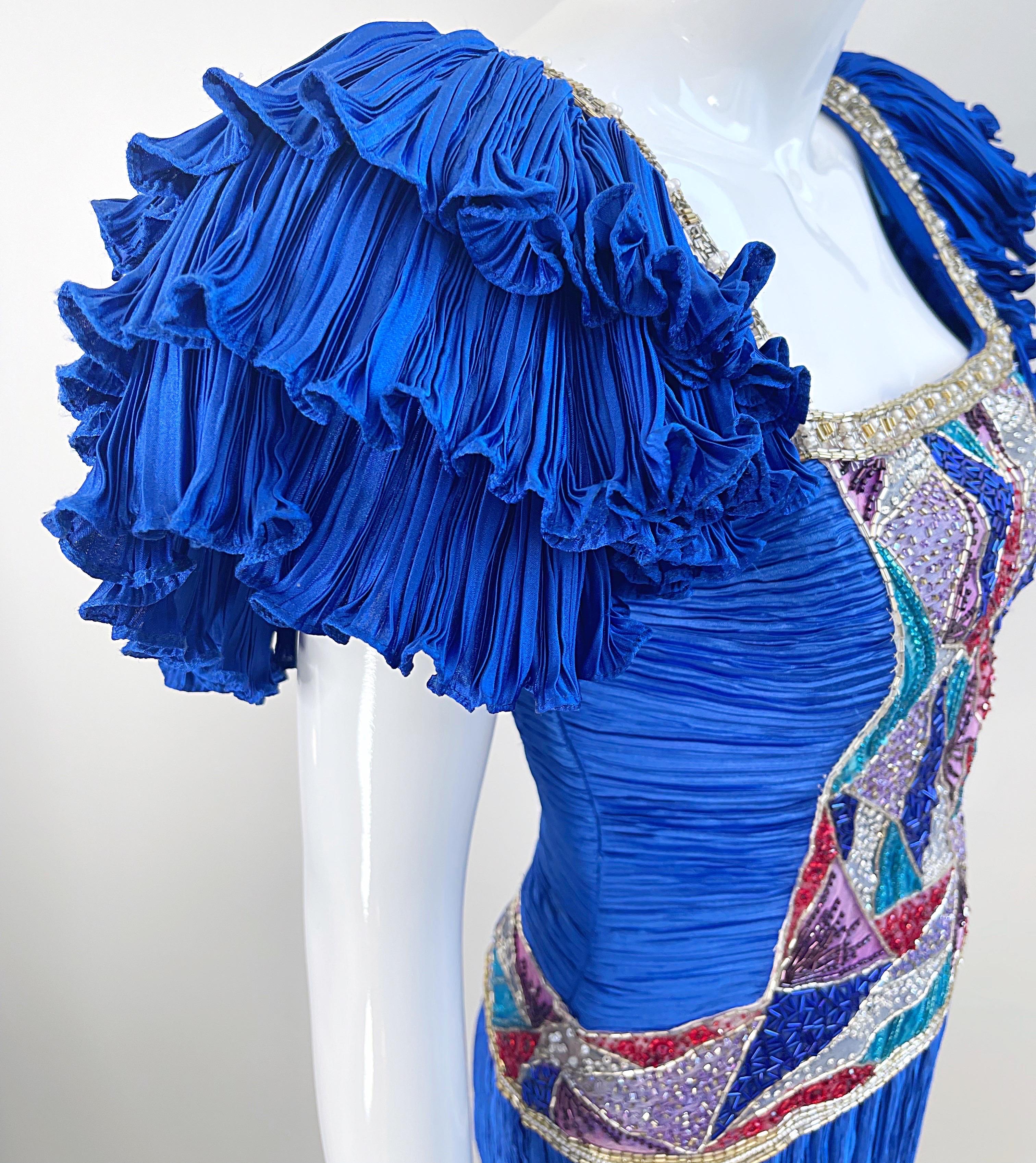 1980s Mary McFadden Royal Blue Fortuny Pleated Size 2 / 4 Mosaic Vintage Gown  For Sale 3