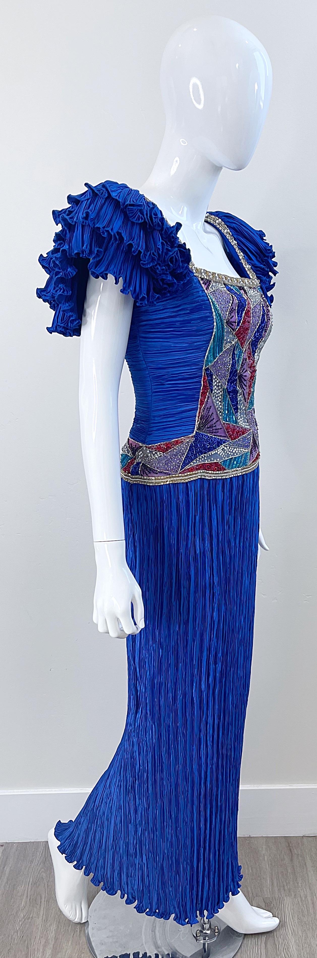 1980s Mary McFadden Royal Blue Fortuny Pleated Size 2 / 4 Mosaic Vintage Gown  For Sale 5