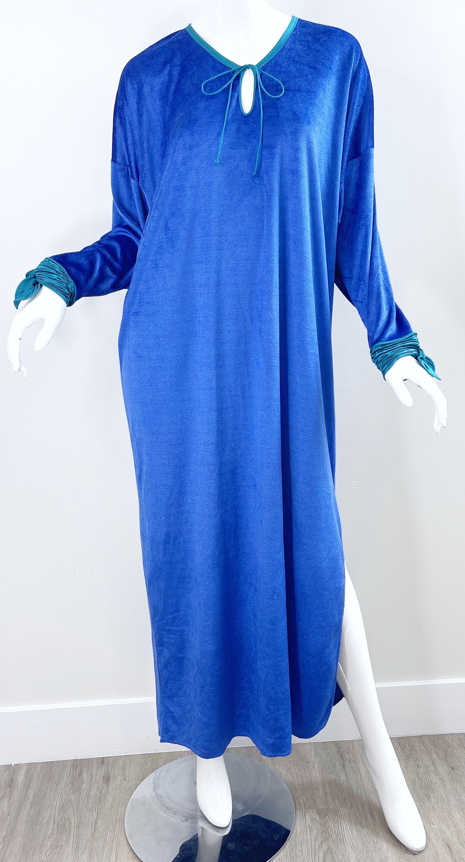 1980s Mary McFadden Royal Blue Teal Velour Vintage 80s Caftan Maxi Dress Kaftan For Sale 6
