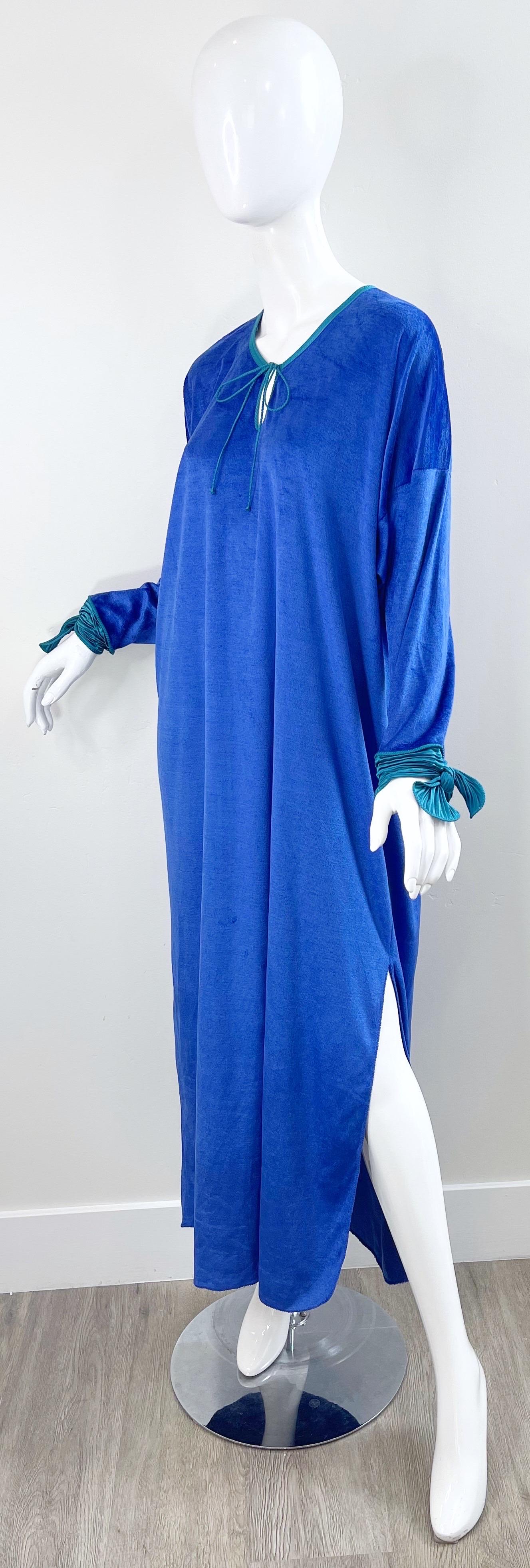 1980s Mary McFadden Royal Blue Teal Velour Vintage 80s Caftan Maxi Dress Kaftan For Sale 9