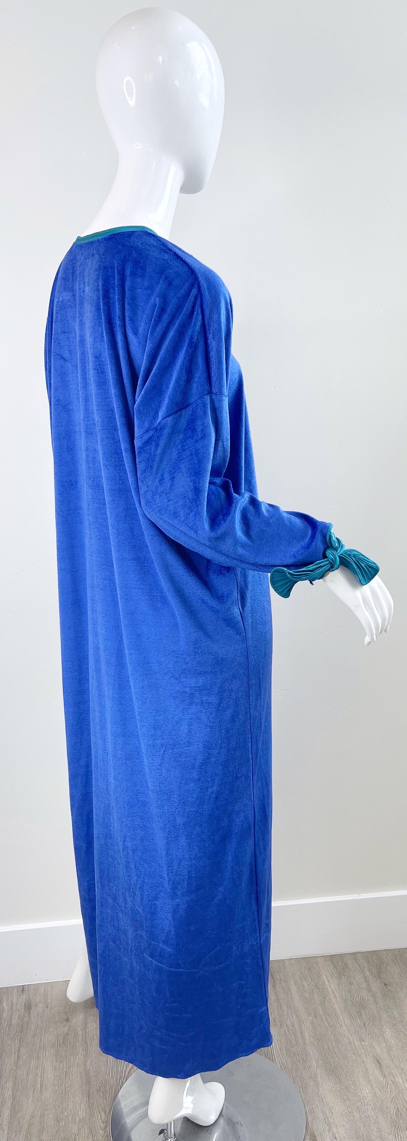 1980s Mary McFadden Royal Blue Teal Velour Vintage 80s Caftan Maxi Dress Kaftan For Sale 11
