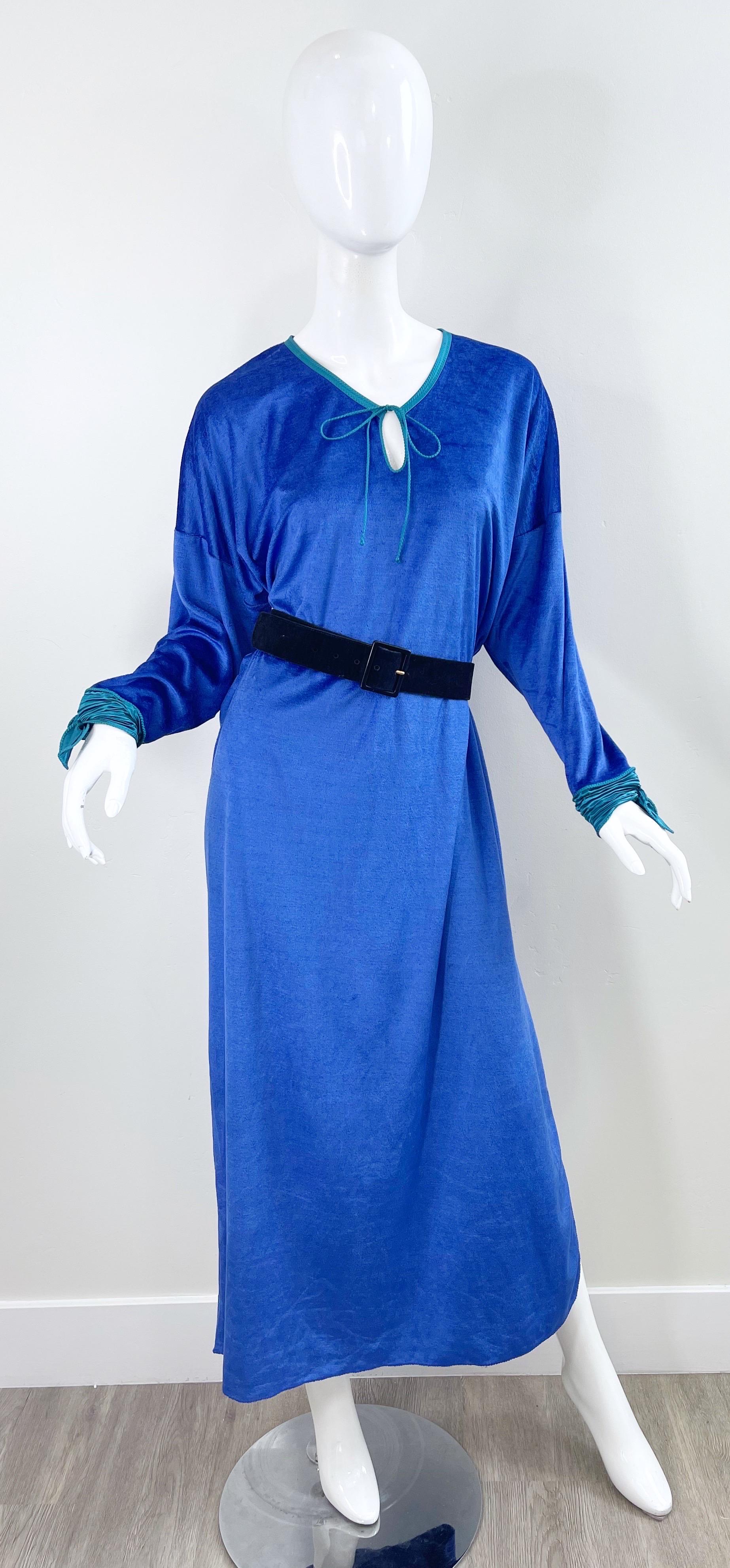 1980s Mary McFadden Royal Blue Teal Velour Vintage 80s Caftan Maxi Dress Kaftan For Sale 12