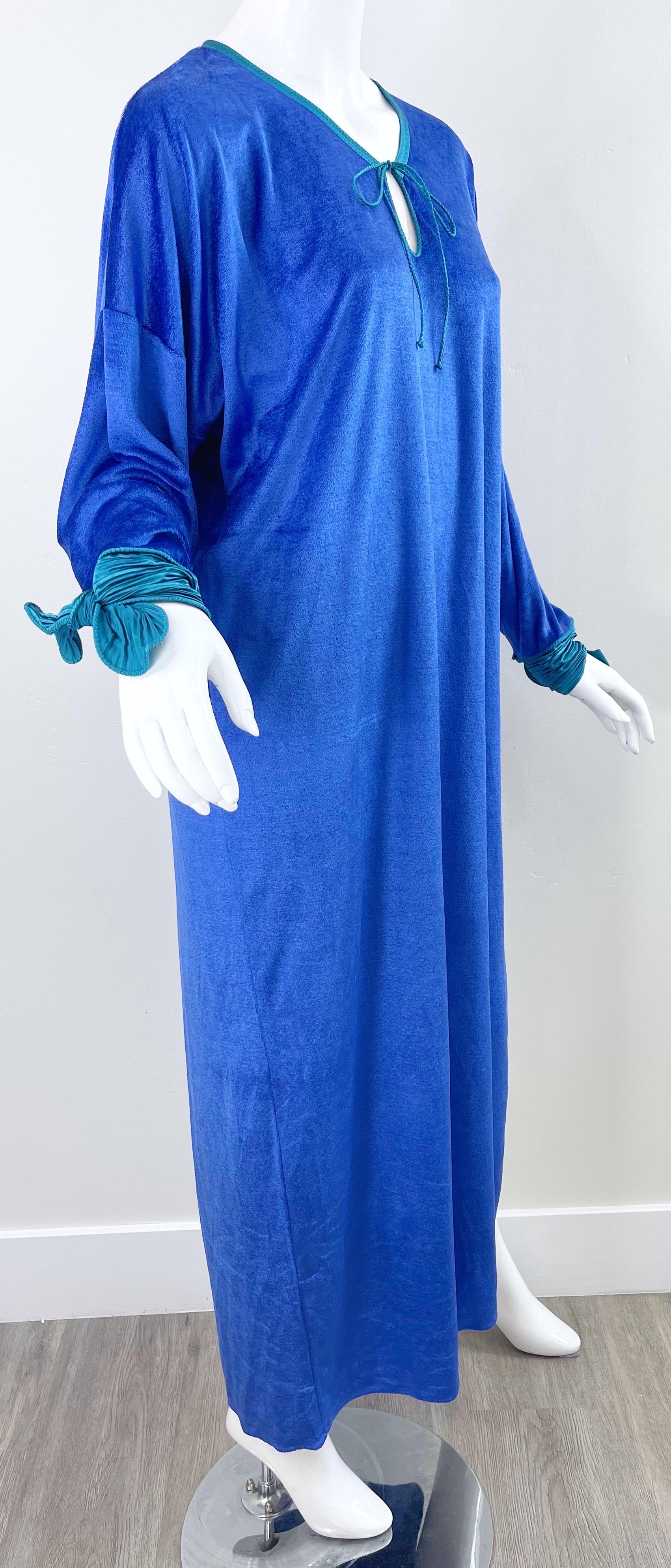 1980s Mary McFadden Royal Blue Teal Velour Vintage 80s Caftan Maxi Dress Kaftan For Sale 13