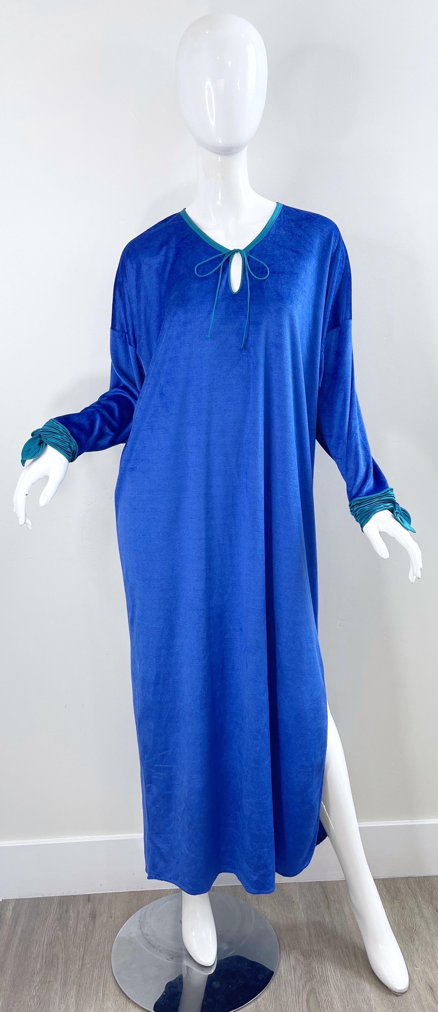 1980s Mary McFadden Royal Blue Teal Velour Vintage 80s Caftan Maxi Dress Kaftan For Sale 14