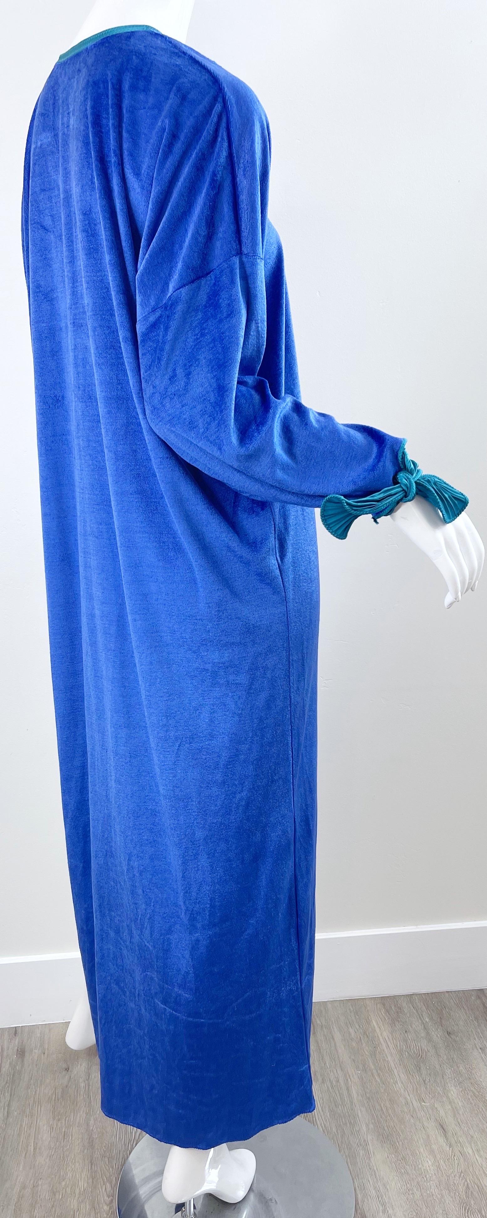 Women's 1980s Mary McFadden Royal Blue Teal Velour Vintage 80s Caftan Maxi Dress Kaftan For Sale
