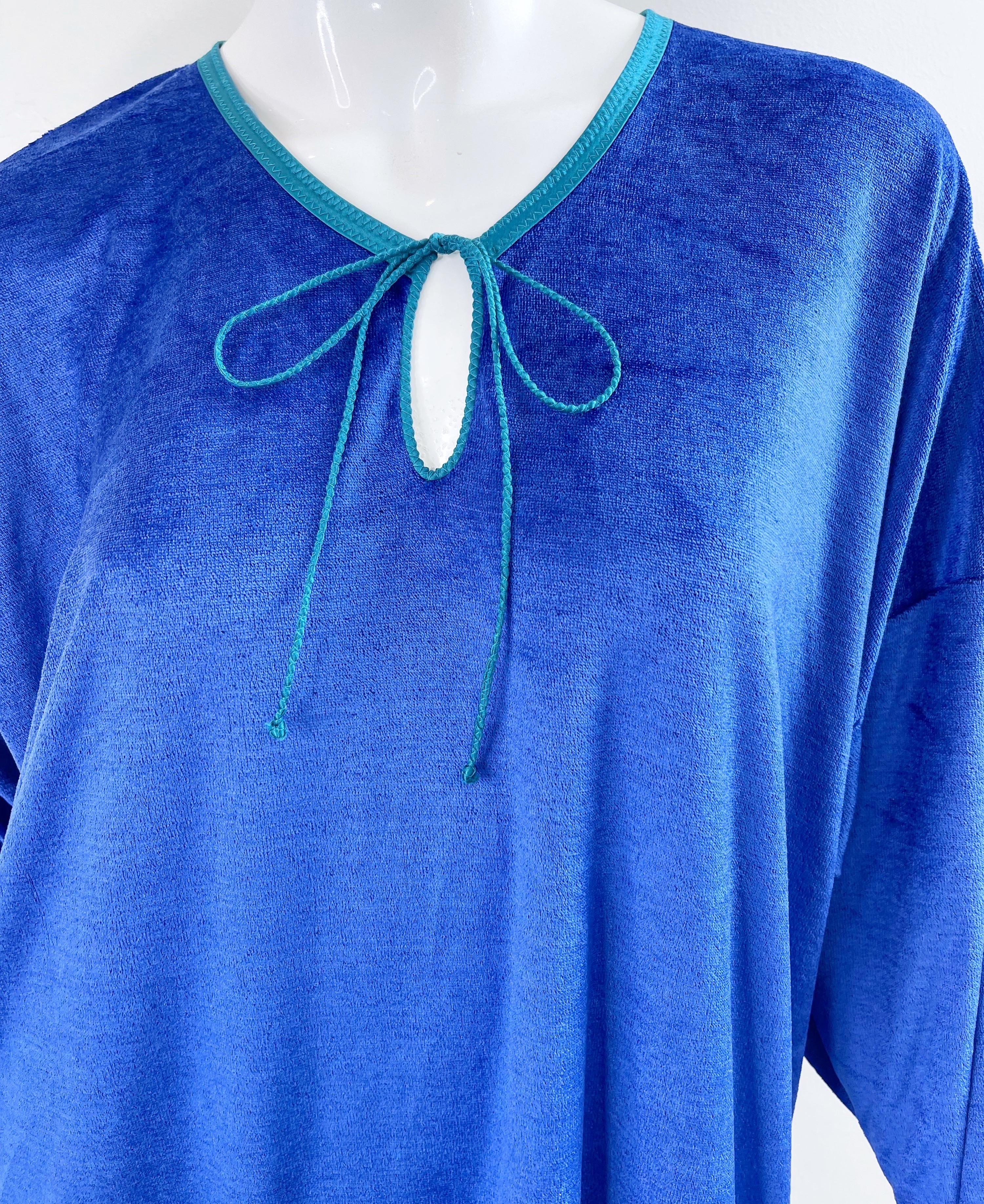 1980s Mary McFadden Royal Blue Teal Velour Vintage 80s Caftan Maxi Dress Kaftan For Sale 1