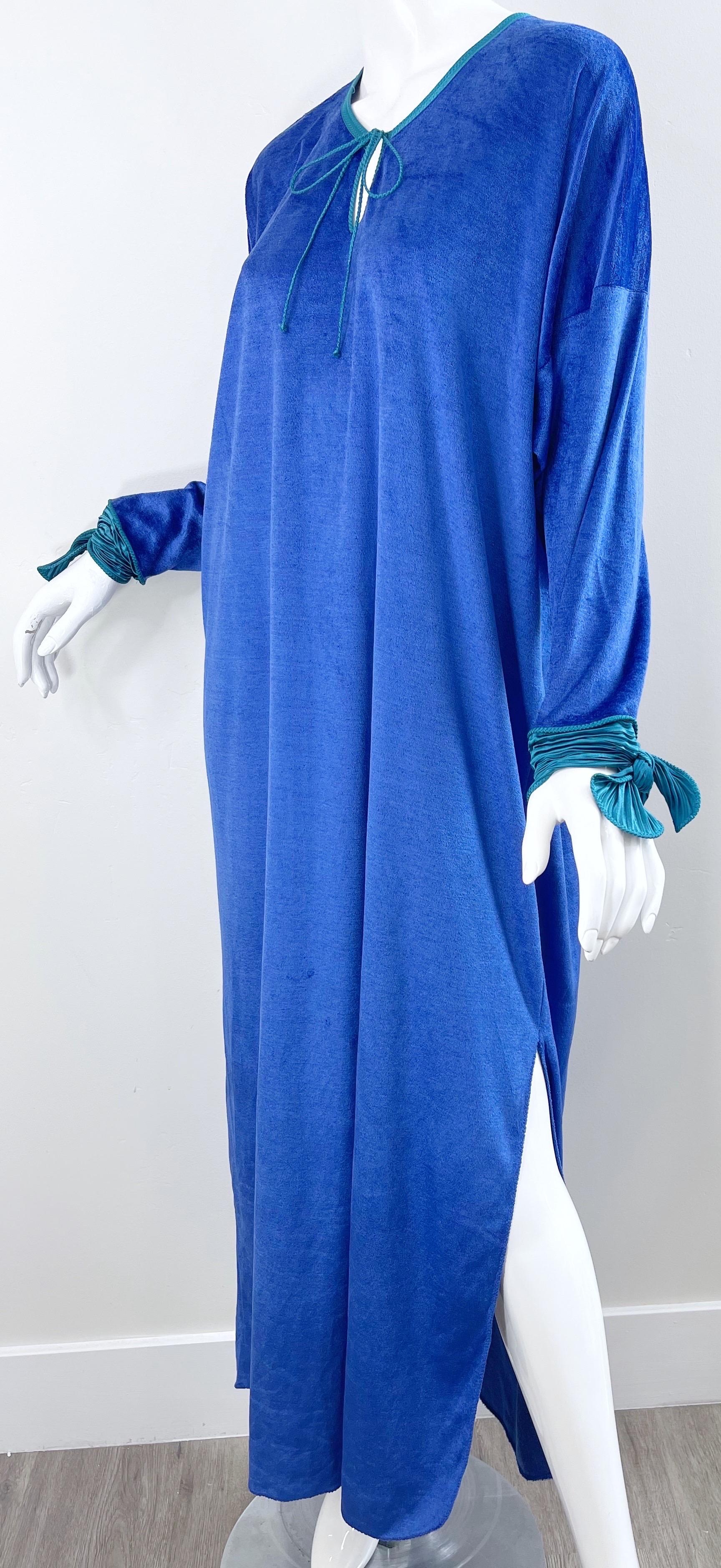 1980s Mary McFadden Royal Blue Teal Velour Vintage 80s Caftan Maxi Dress Kaftan For Sale 2