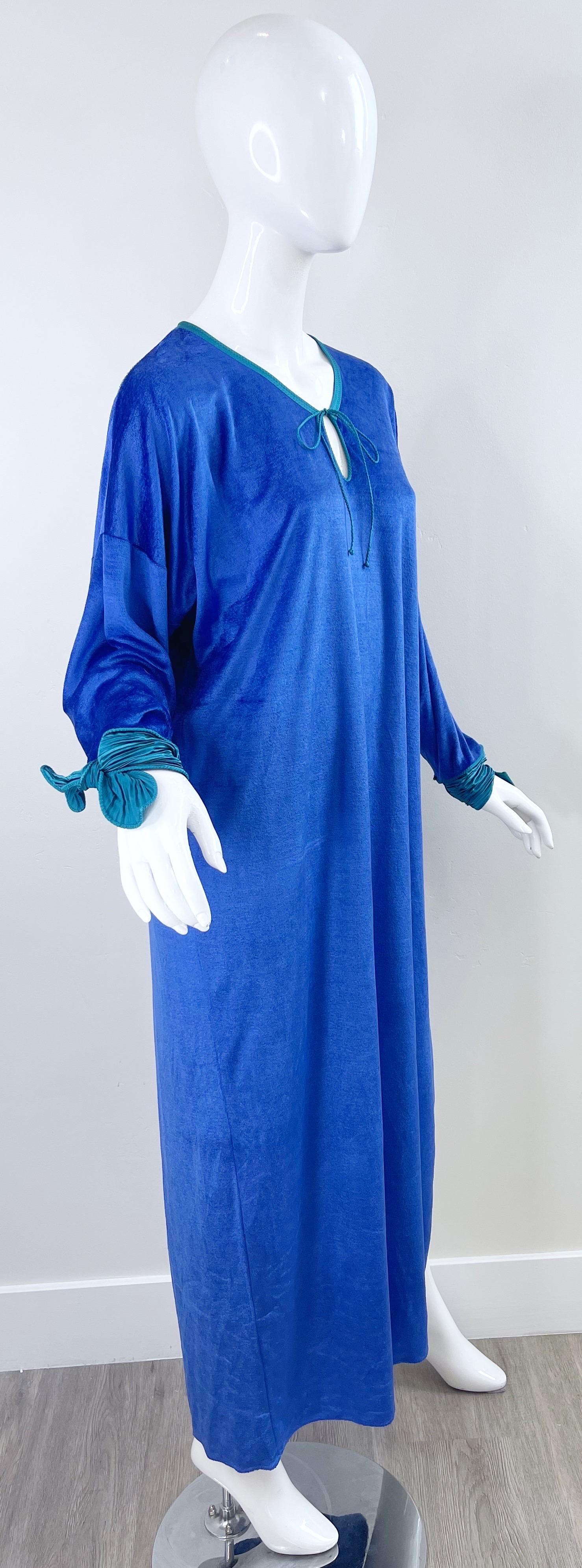 1980s Mary McFadden Royal Blue Teal Velour Vintage 80s Caftan Maxi Dress Kaftan For Sale 5