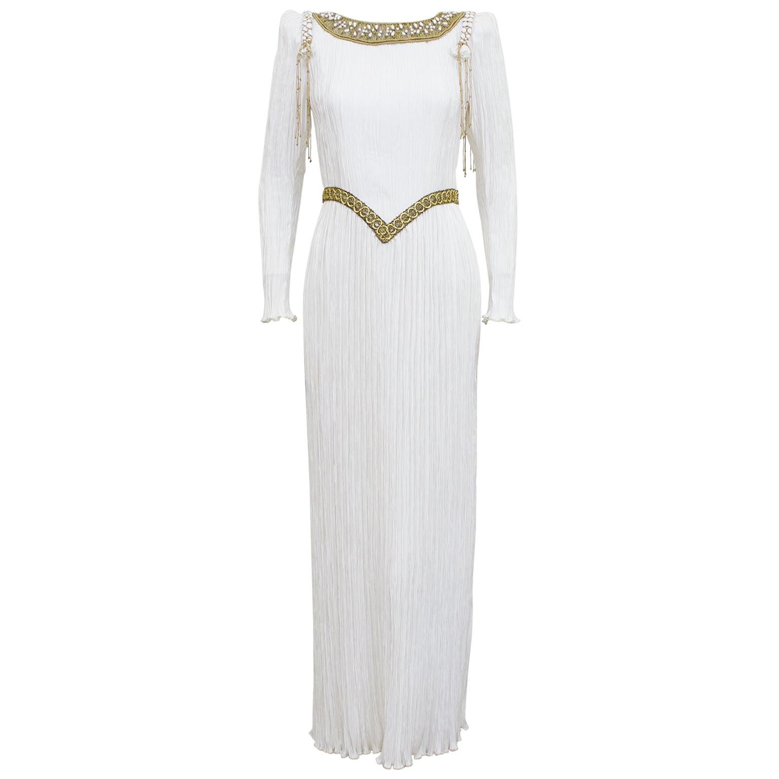1980s Mary McFadden White Jewel Trimmed Micro Pleated Gown 