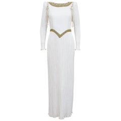 1980s Mary McFadden White Jewel Trimmed Micro Pleated Gown 