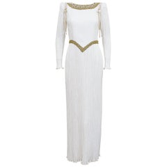 1980s Mary McFadden White Jewel Trimmed Micro Pleated Gown