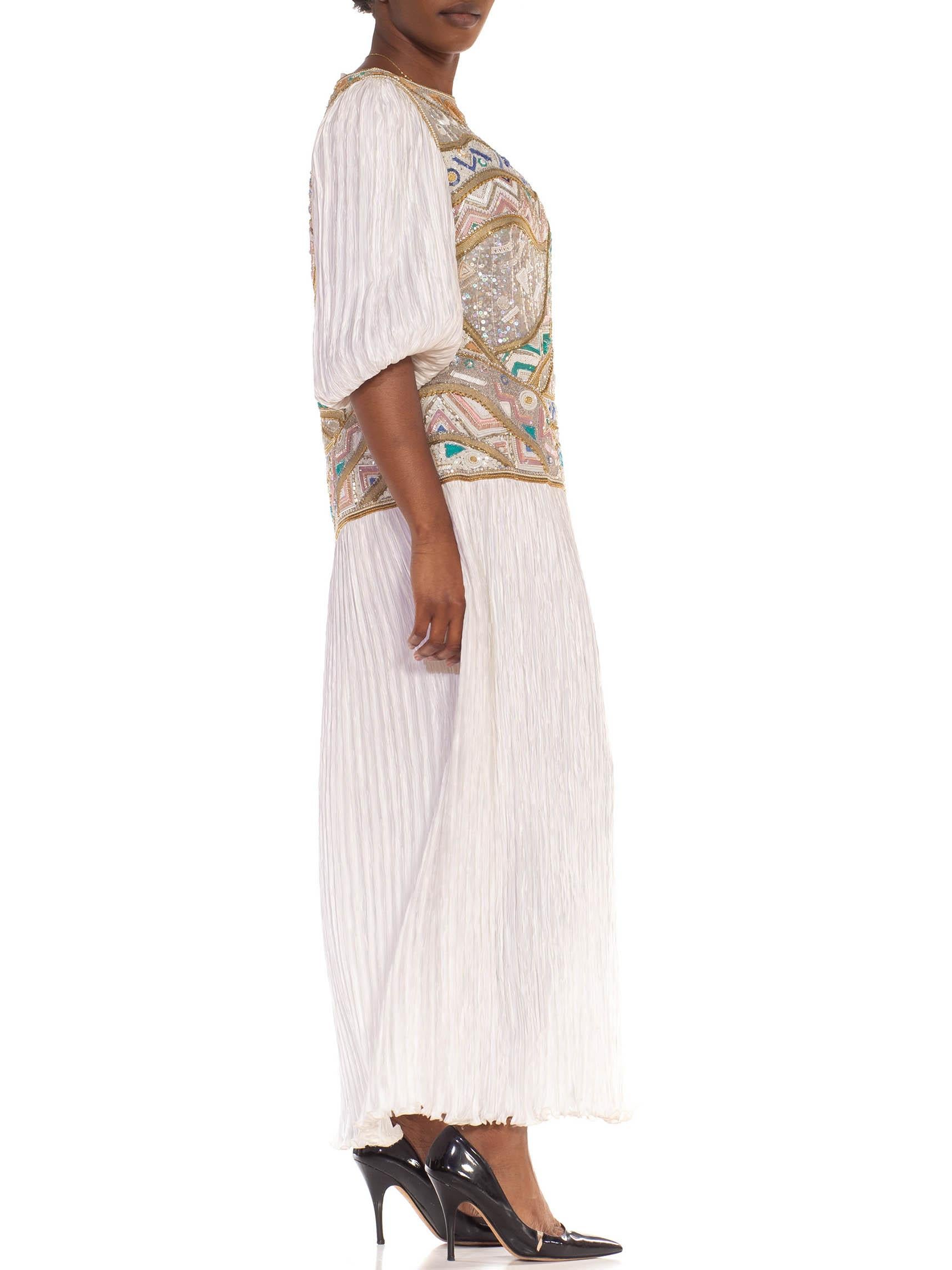 1980S MARY MCFADDEN White & Pastels Silk Jersey Signature Pleated Gown With Bea In Good Condition For Sale In New York, NY