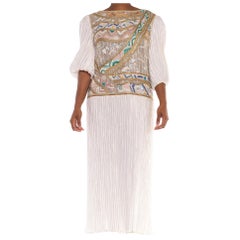 1980S MARY MCFADDEN White & Pastels Silk Jersey Signature Pleated Gown With Bea