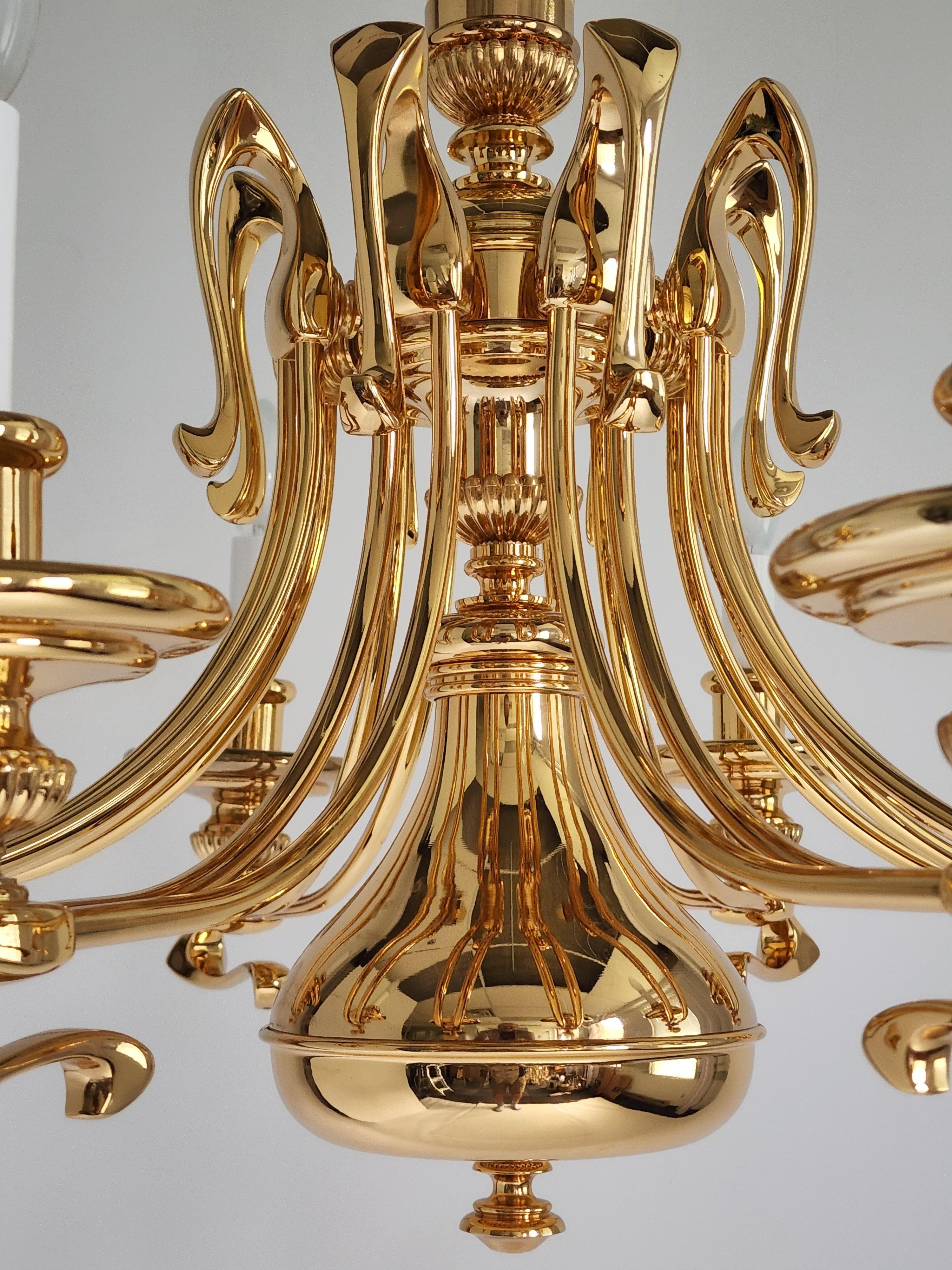 1980s Massive Art Nouveau Style Gold Plated Chandelier, Italy For Sale 7