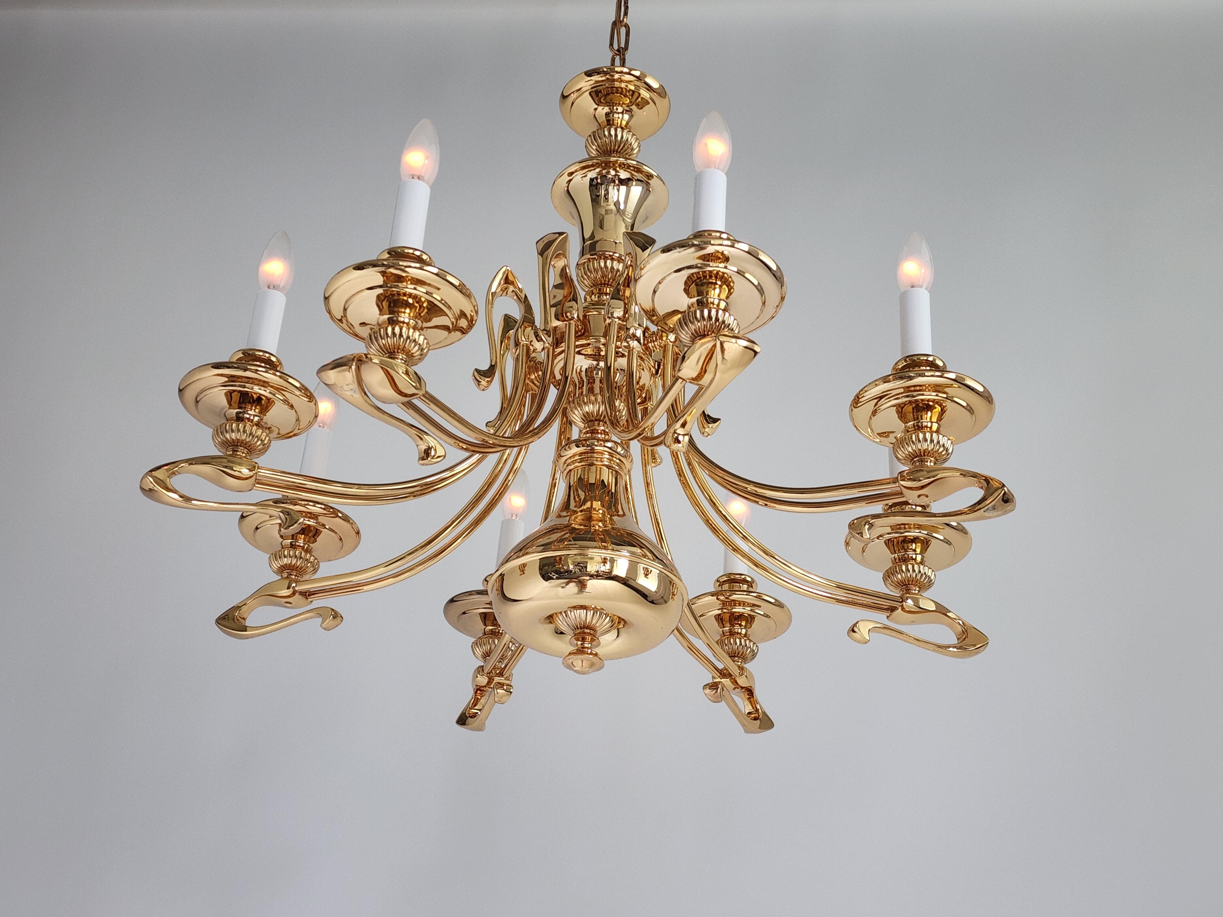 Italian 1980s Massive Art Nouveau Style Gold Plated Chandelier, Italy For Sale