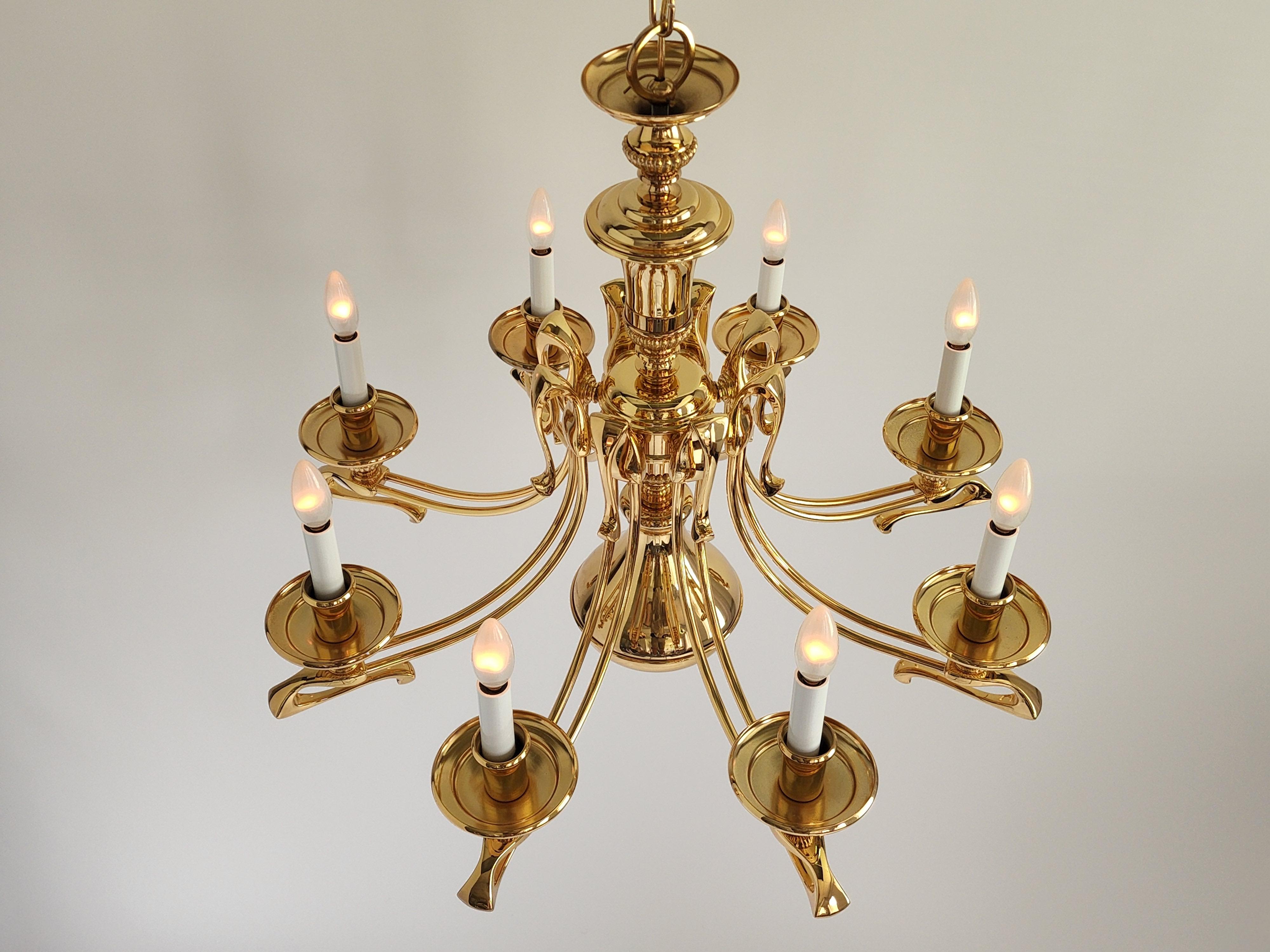 Late 20th Century 1980s Massive Art Nouveau Style Gold Plated Chandelier, Italy For Sale