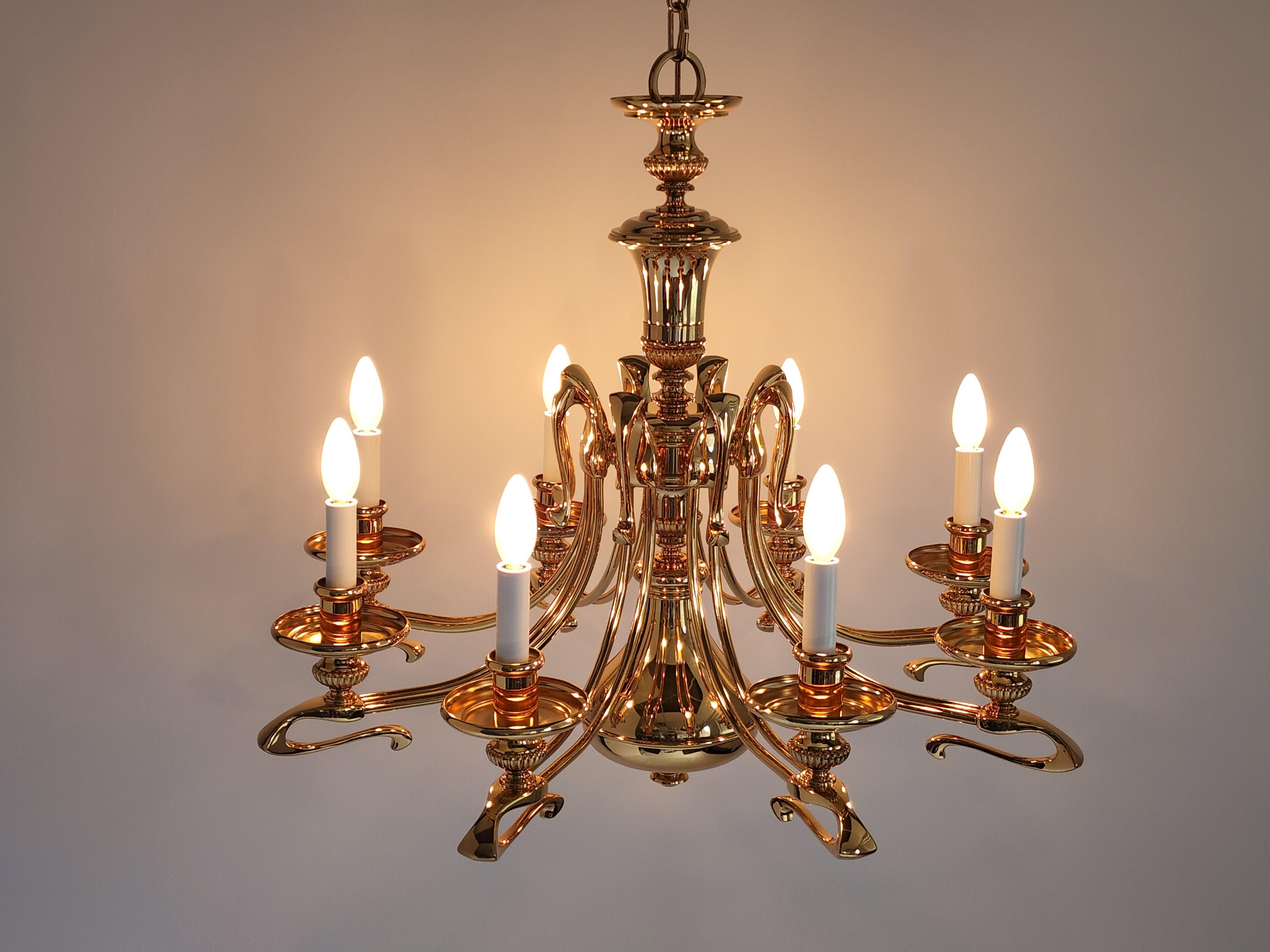 1980s Massive Art Nouveau Style Gold Plated Chandelier, Italy For Sale 1
