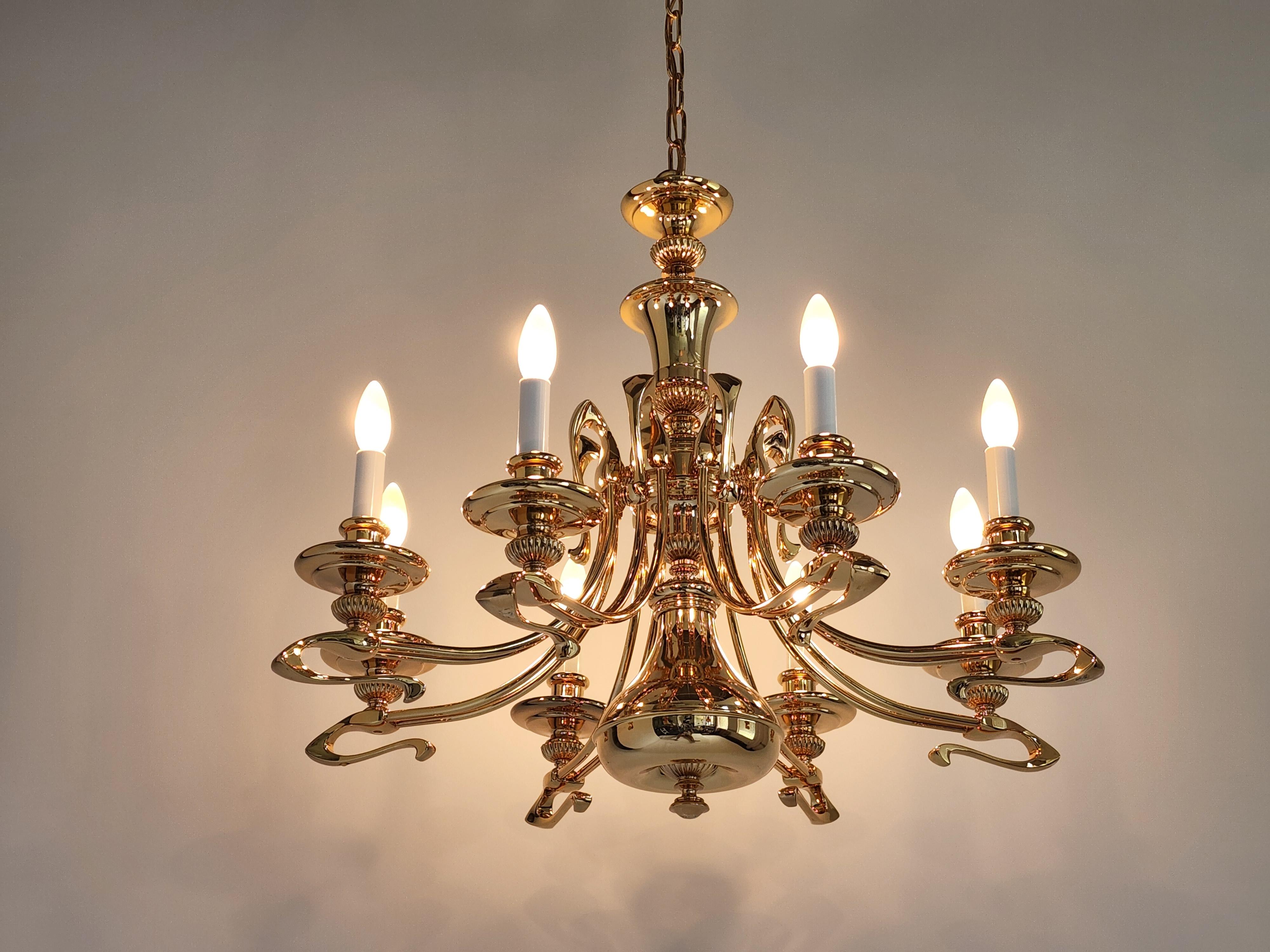 1980s Massive Art Nouveau Style Gold Plated Chandelier, Italy For Sale 2