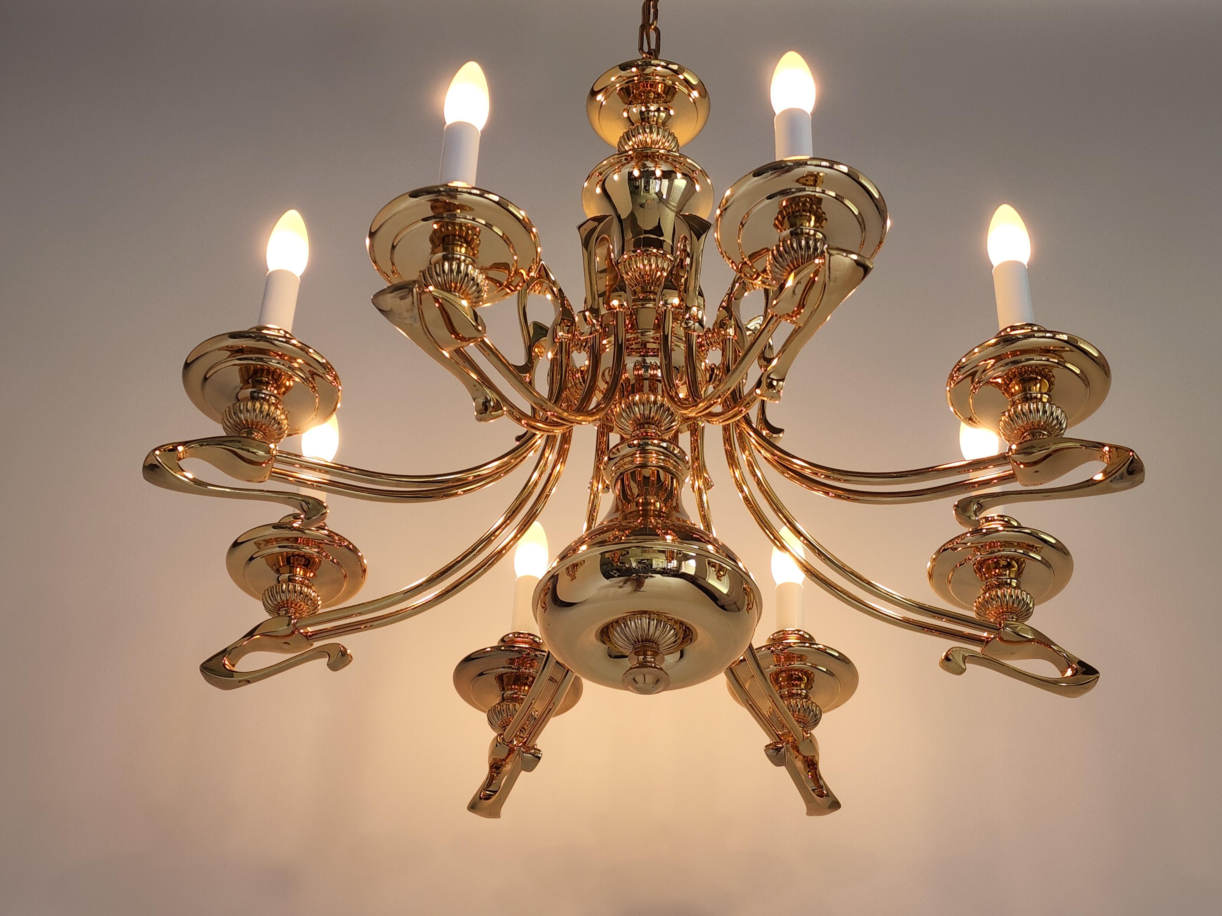 1980s Massive Art Nouveau Style Gold Plated Chandelier, Italy For Sale 3