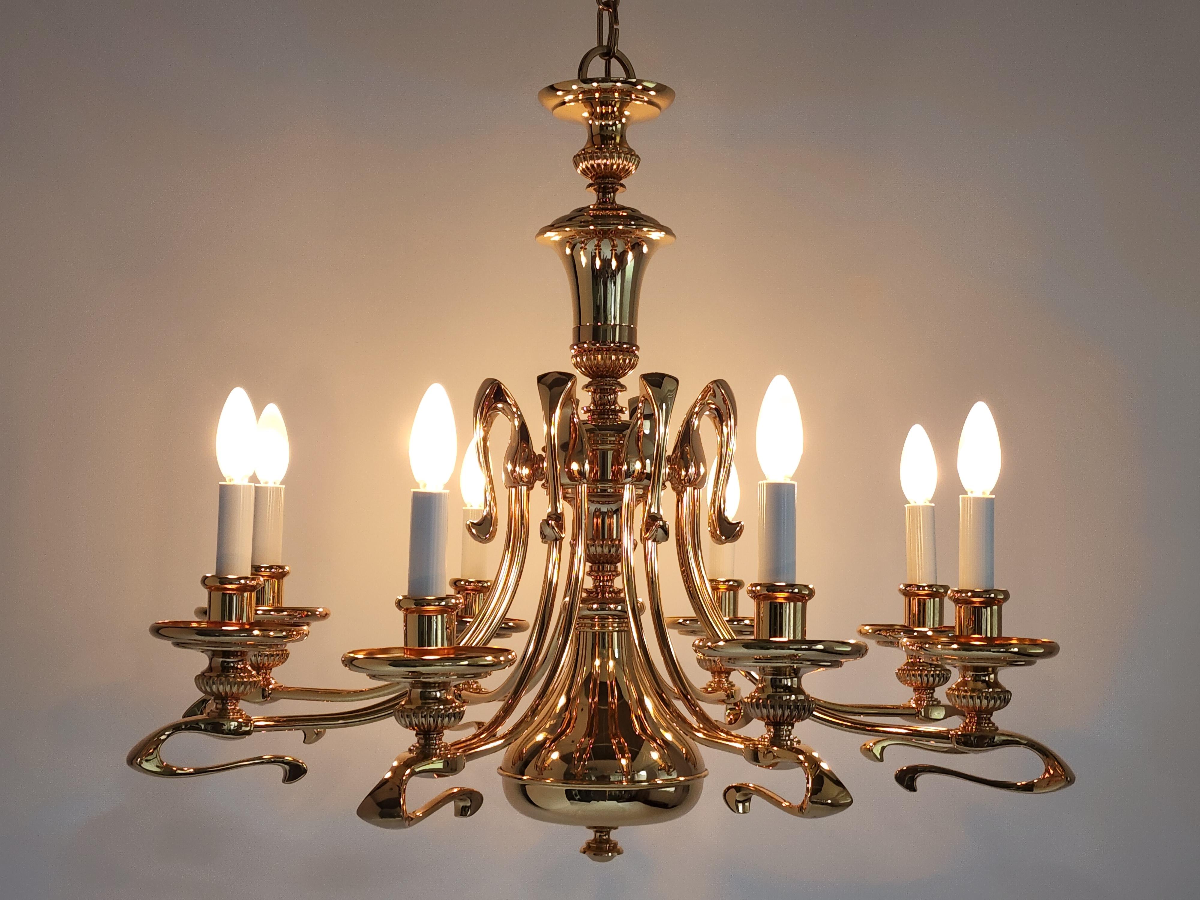 1980s Massive Art Nouveau Style Gold Plated Chandelier, Italy For Sale 4
