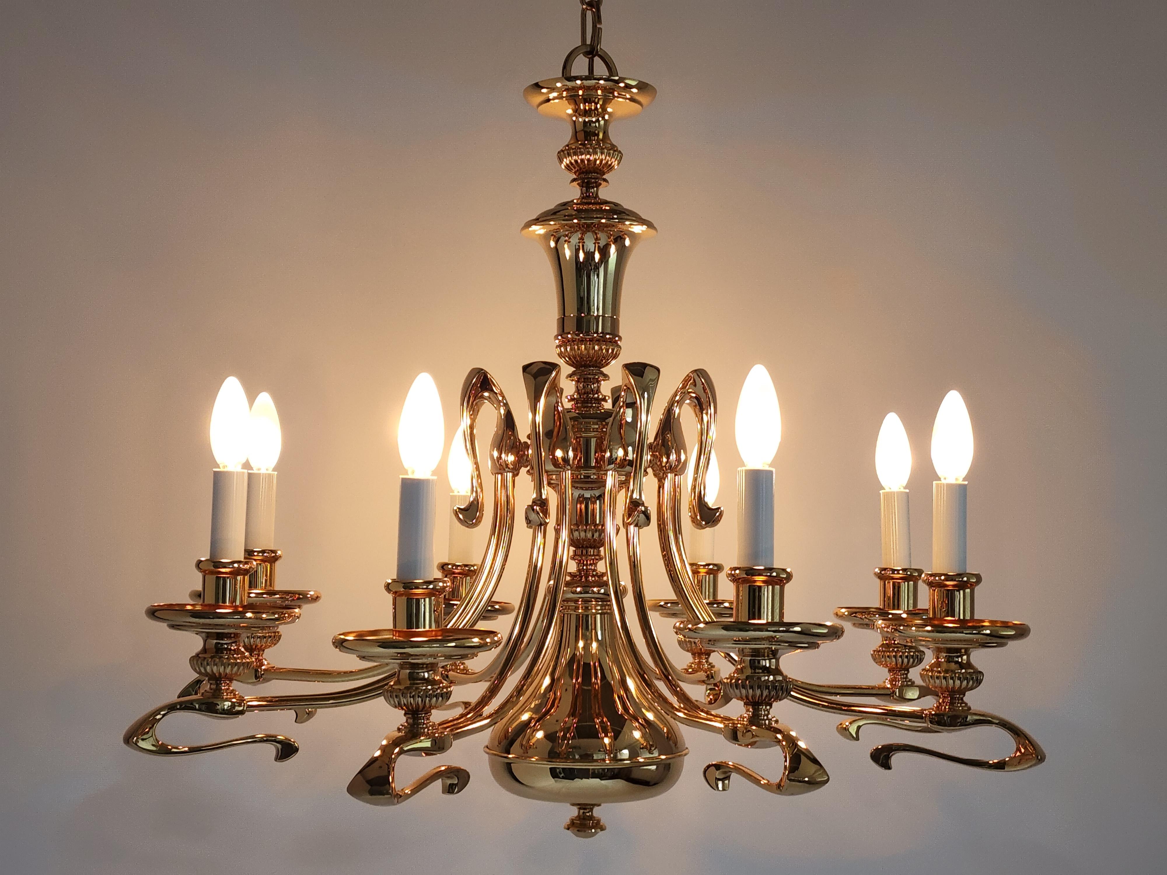 1980s Massive Art Nouveau Style Gold Plated Chandelier, Italy 3