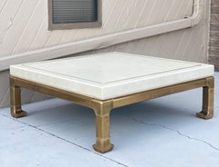 1980s Mastercraft Faux White Leather and Brass Square Ming Coffee Table