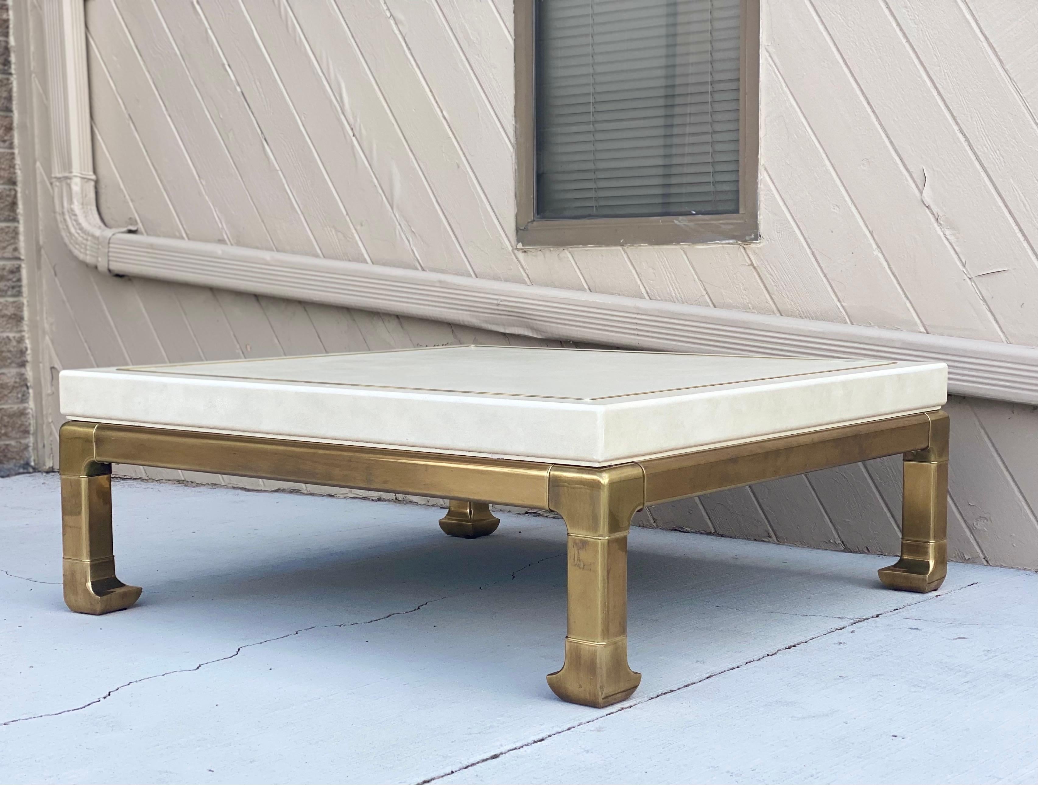 North American 1980s Mastercraft Faux White Leather and Brass Square Ming Coffee Table