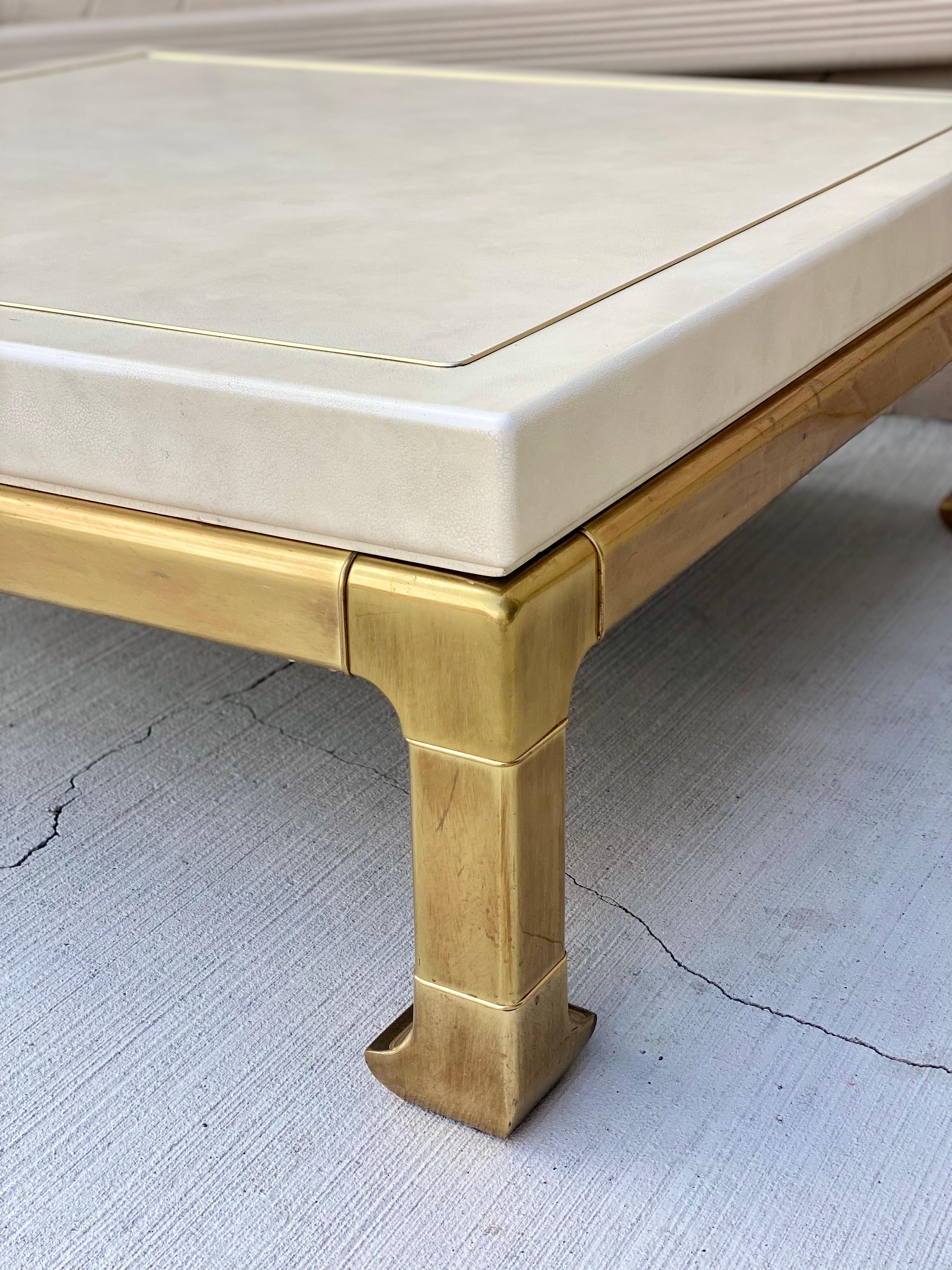 Late 20th Century 1980s Mastercraft Faux White Leather and Brass Square Ming Coffee Table