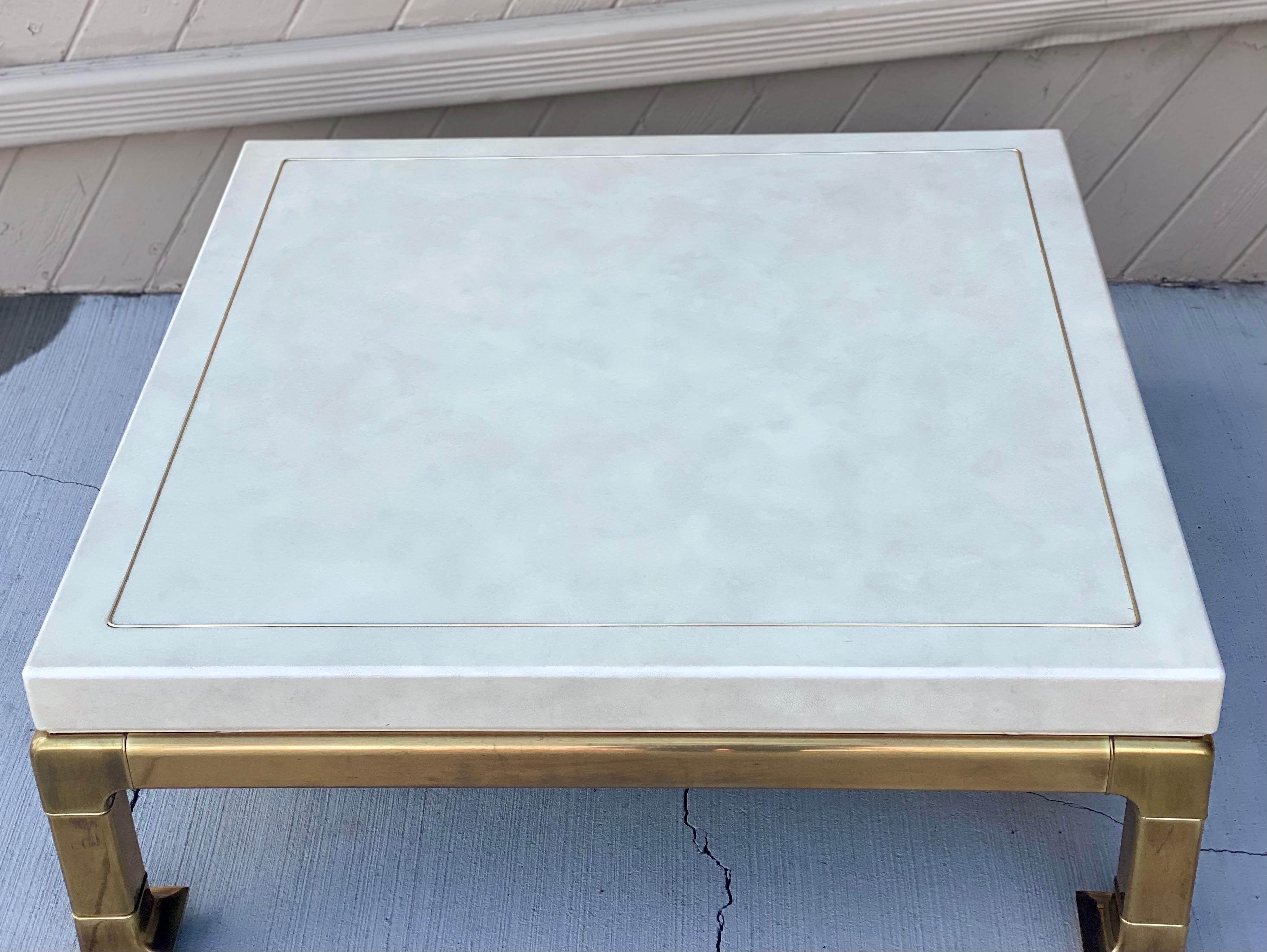 1980s Mastercraft Faux White Leather and Brass Square Ming Coffee Table 1