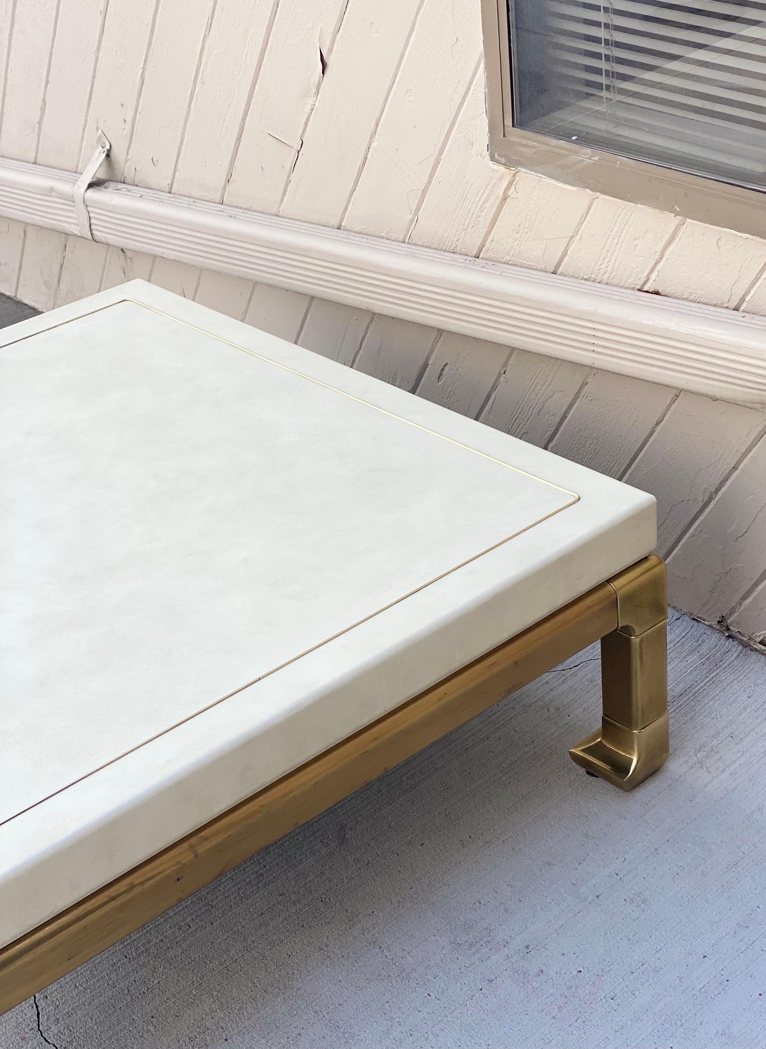 1980s Mastercraft Faux White Leather and Brass Square Ming Coffee Table 2