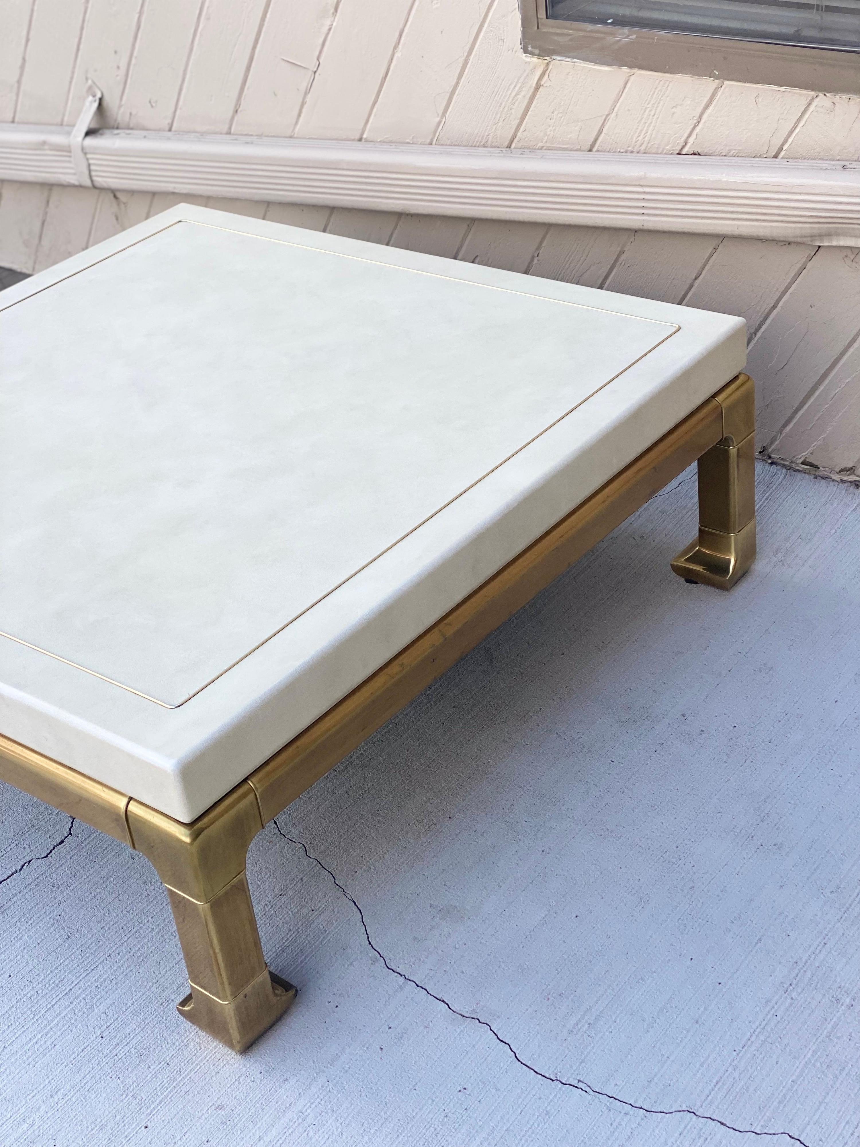 1980s Mastercraft Faux White Leather and Brass Square Ming Coffee Table 3