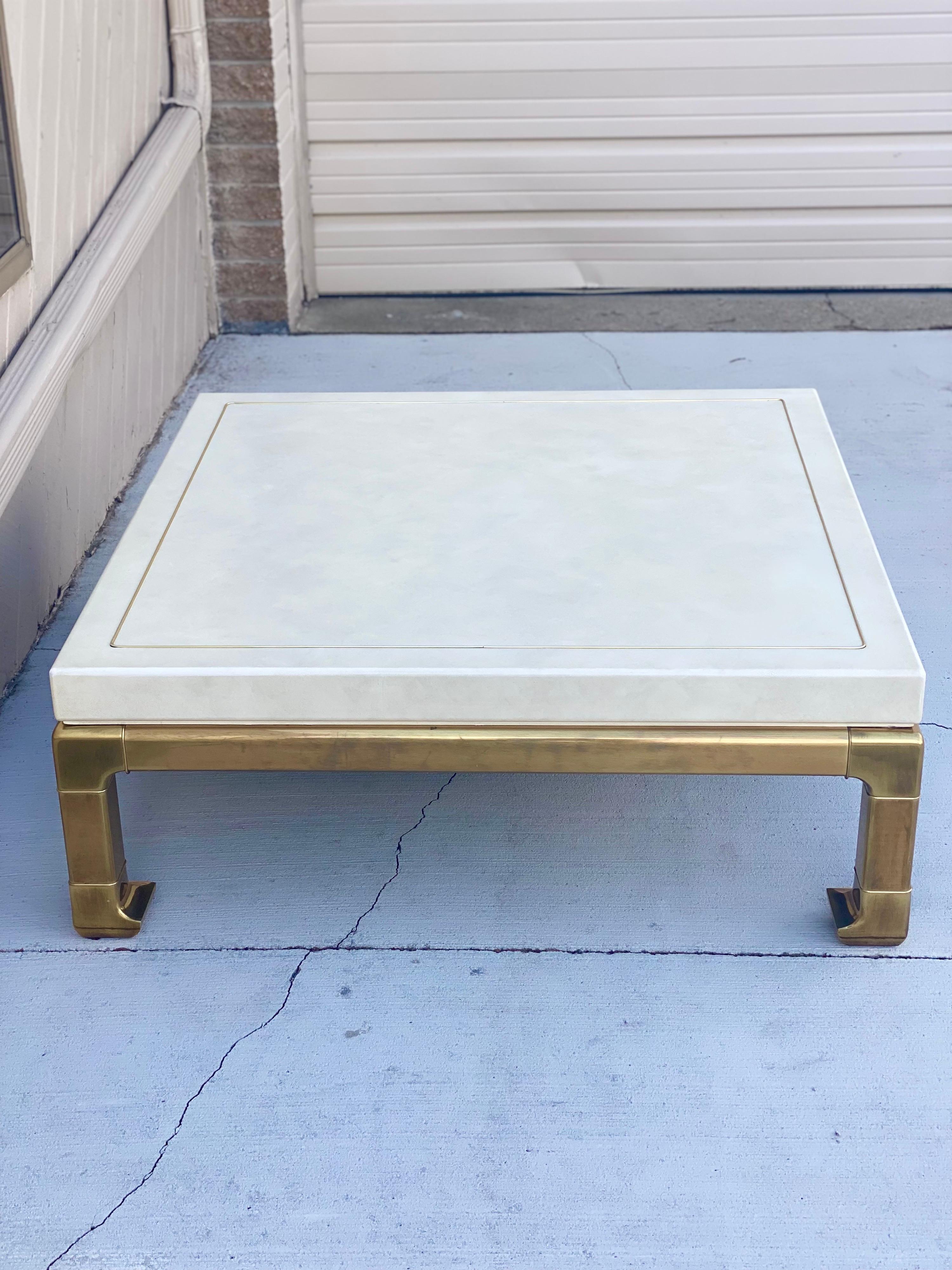 1980s Mastercraft Faux White Leather and Brass Square Ming Coffee Table 4