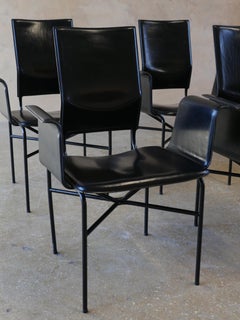 1980s Matteo Grassi Black Leather Italian Armchairs, Set of 4