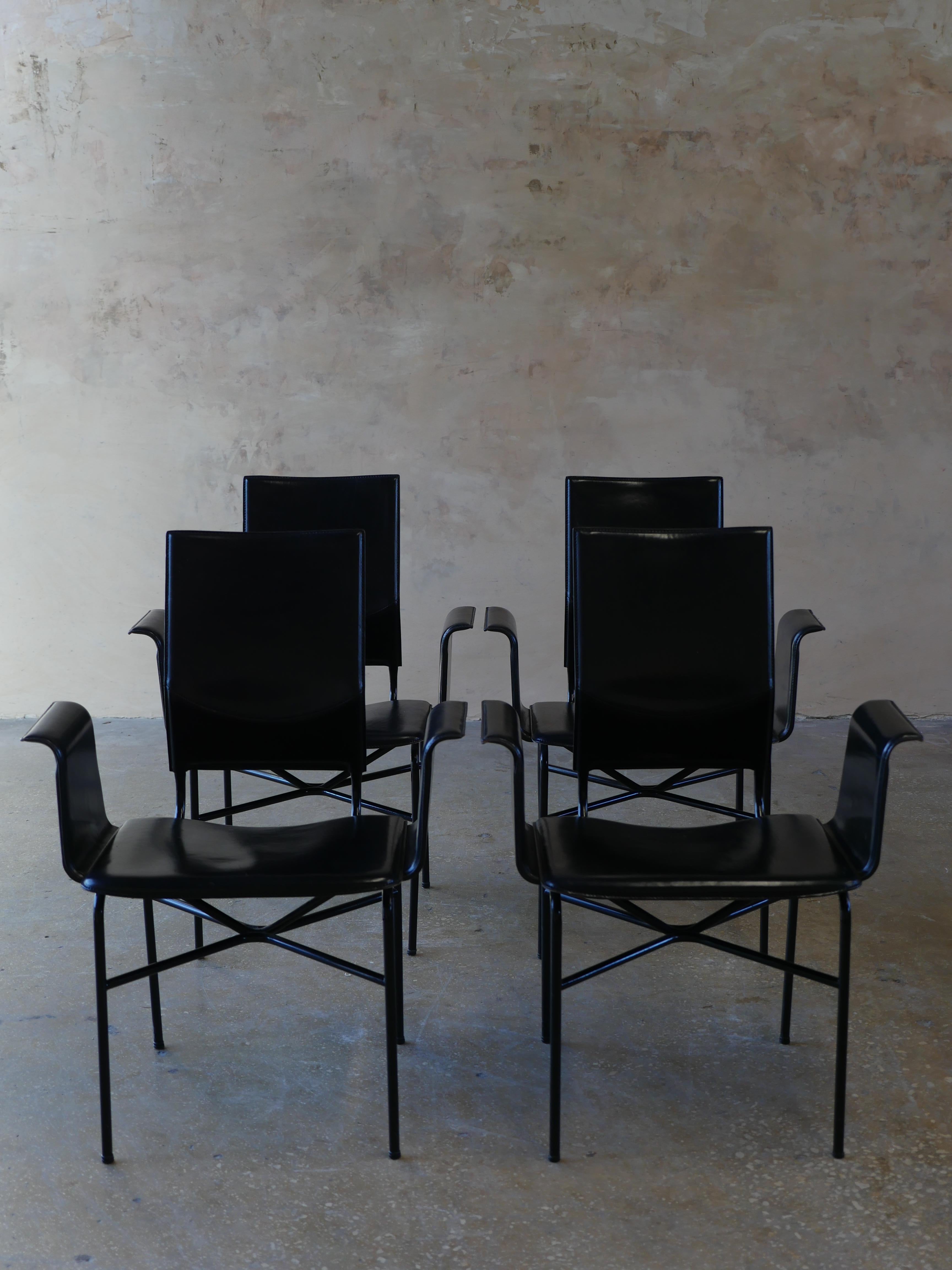 Late 20th Century 1980s Matteo Grassi Black Leather Italian Armchairs, Set of 4